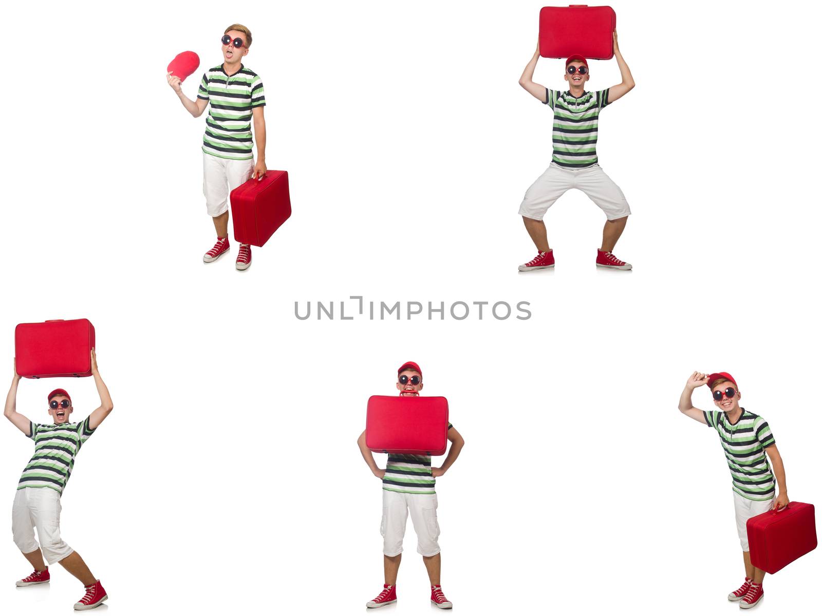 Young man with red suitcase isolated on white  by Elnur