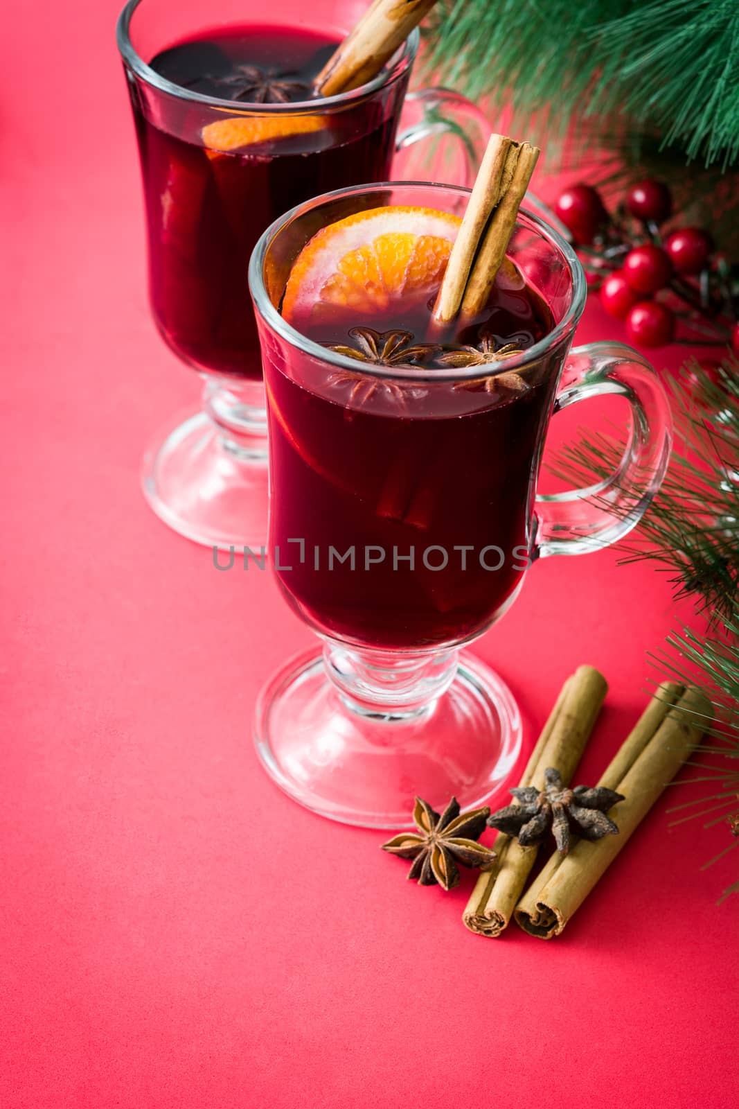 Christmas mulled wine on red background