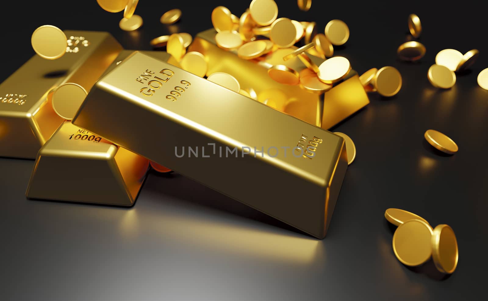 Gold bars and coins on black background 3D Render by Myimagine