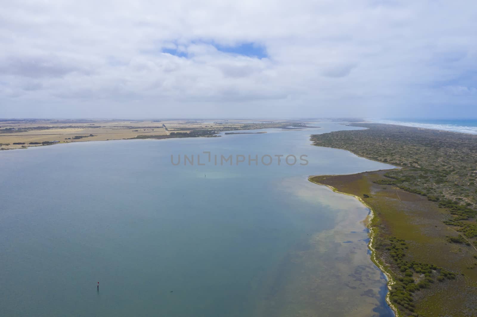 Aerial view of the estuary at Goolwa in regional South Australia in Australia