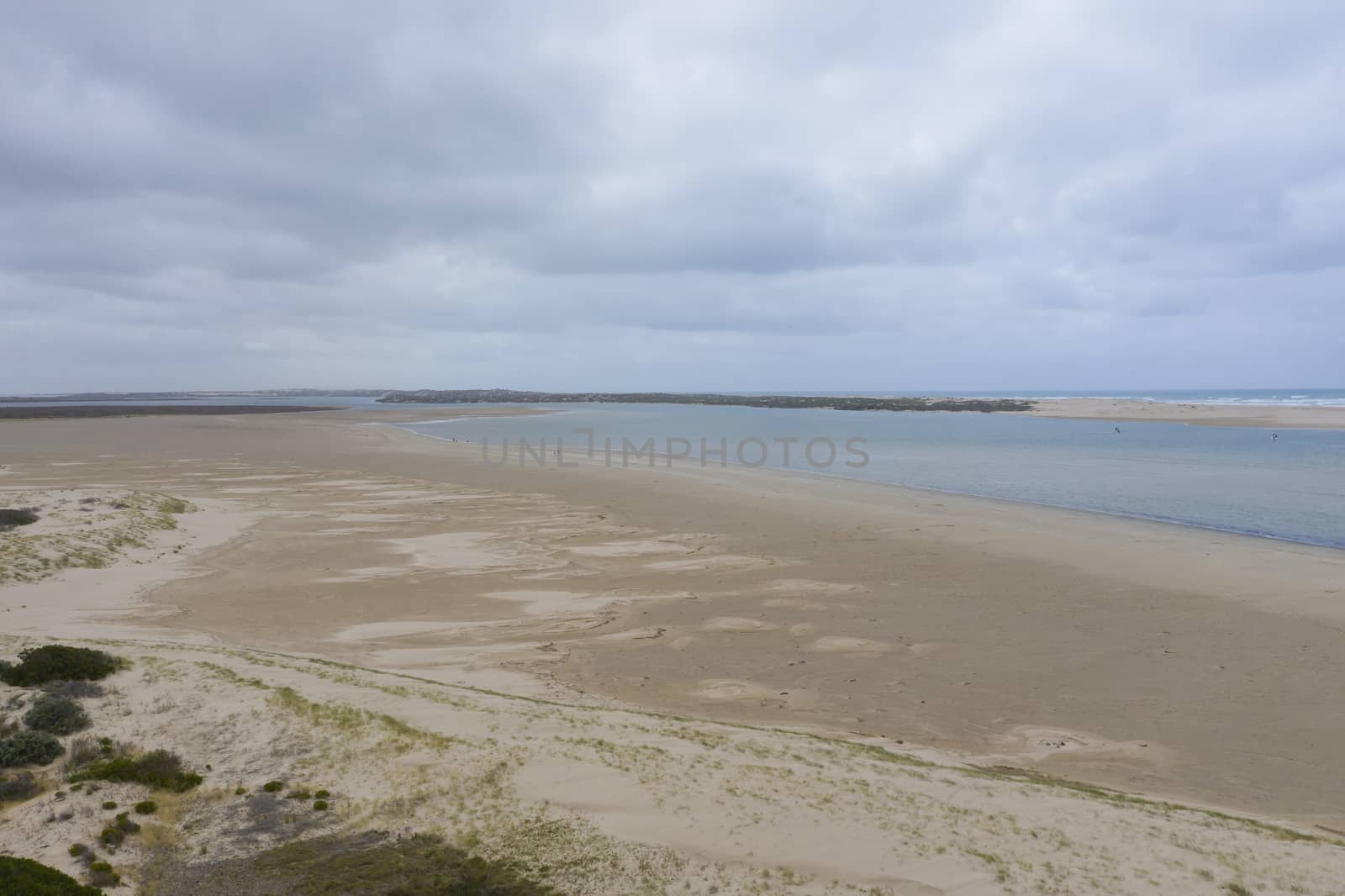 Aerial view of the mouth of the River Murray in regional South Australia in Australia by WittkePhotos