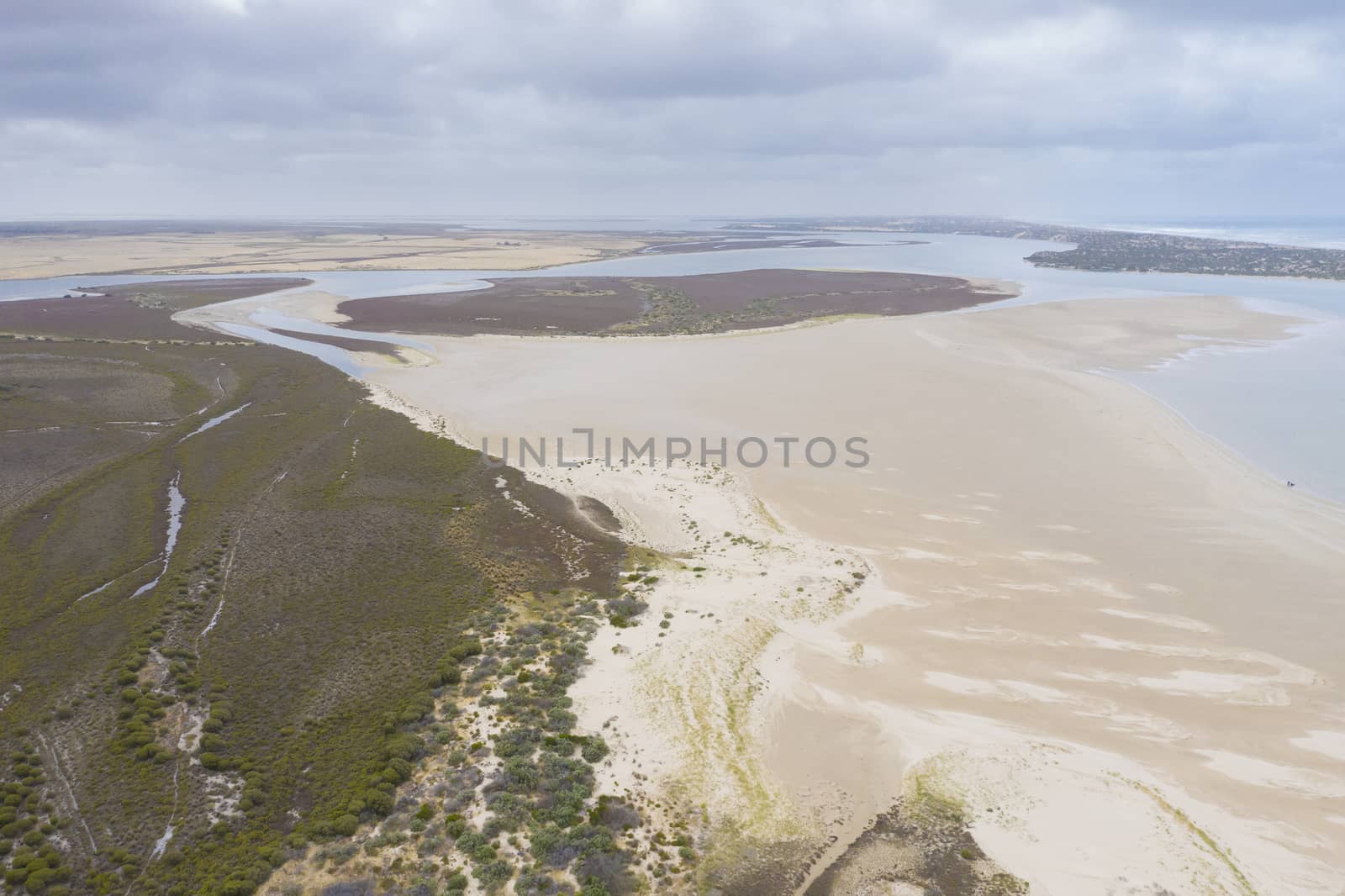 Aerial view of the mouth of the River Murray in regional South Australia in Australia