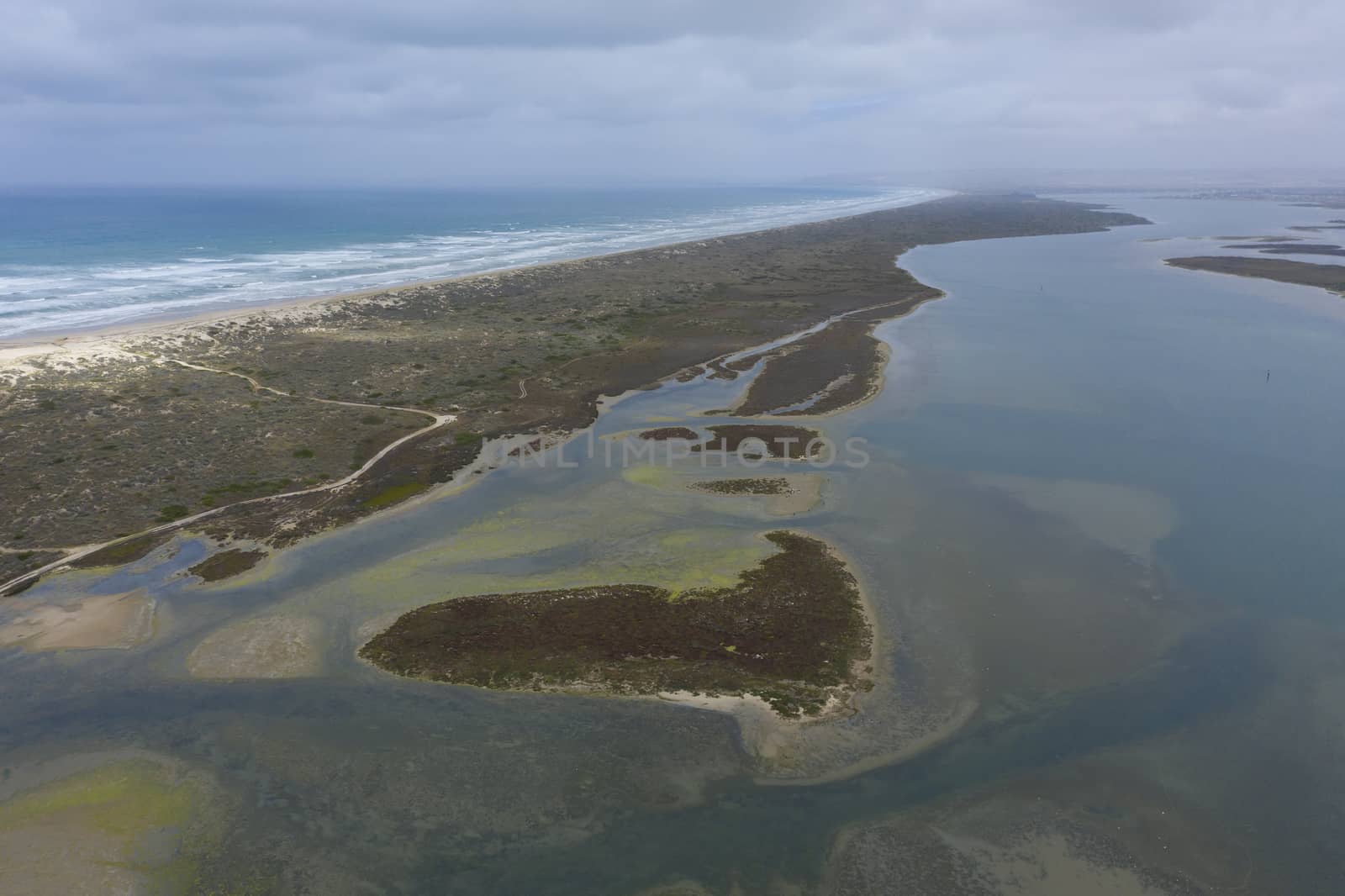 Aerial view of the mouth of the River Murray in regional South Australia in Australia