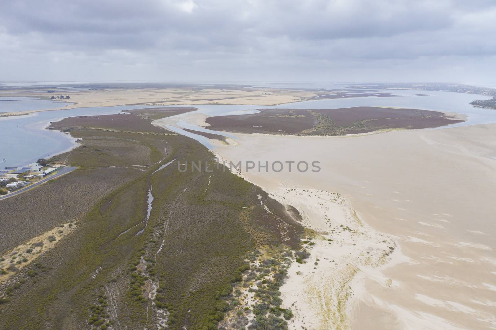 Aerial view of the mouth of the River Murray in regional South Australia in Australia