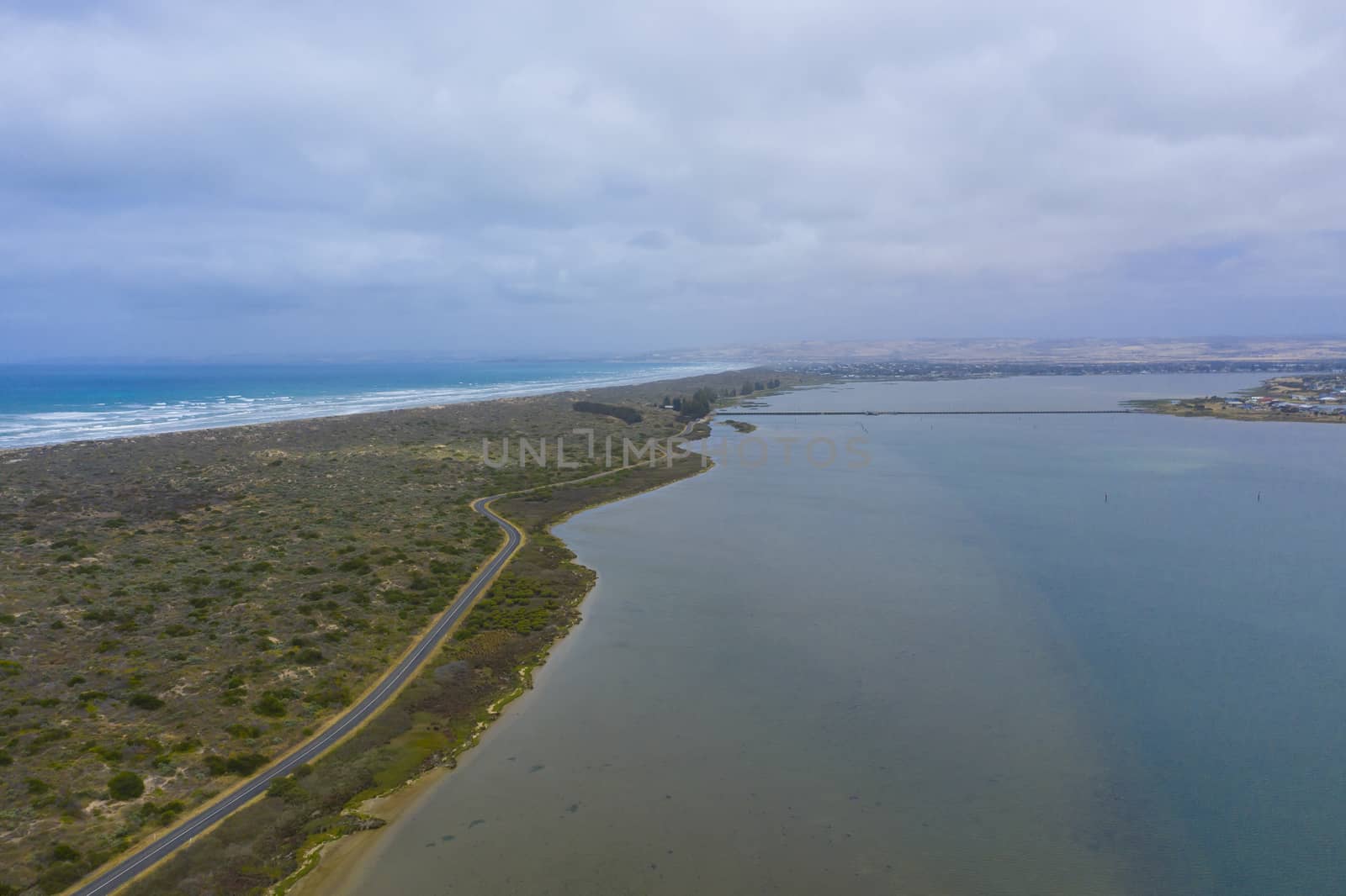 Aerial view of the estuary at Goolwa in regional South Australia in Australia by WittkePhotos