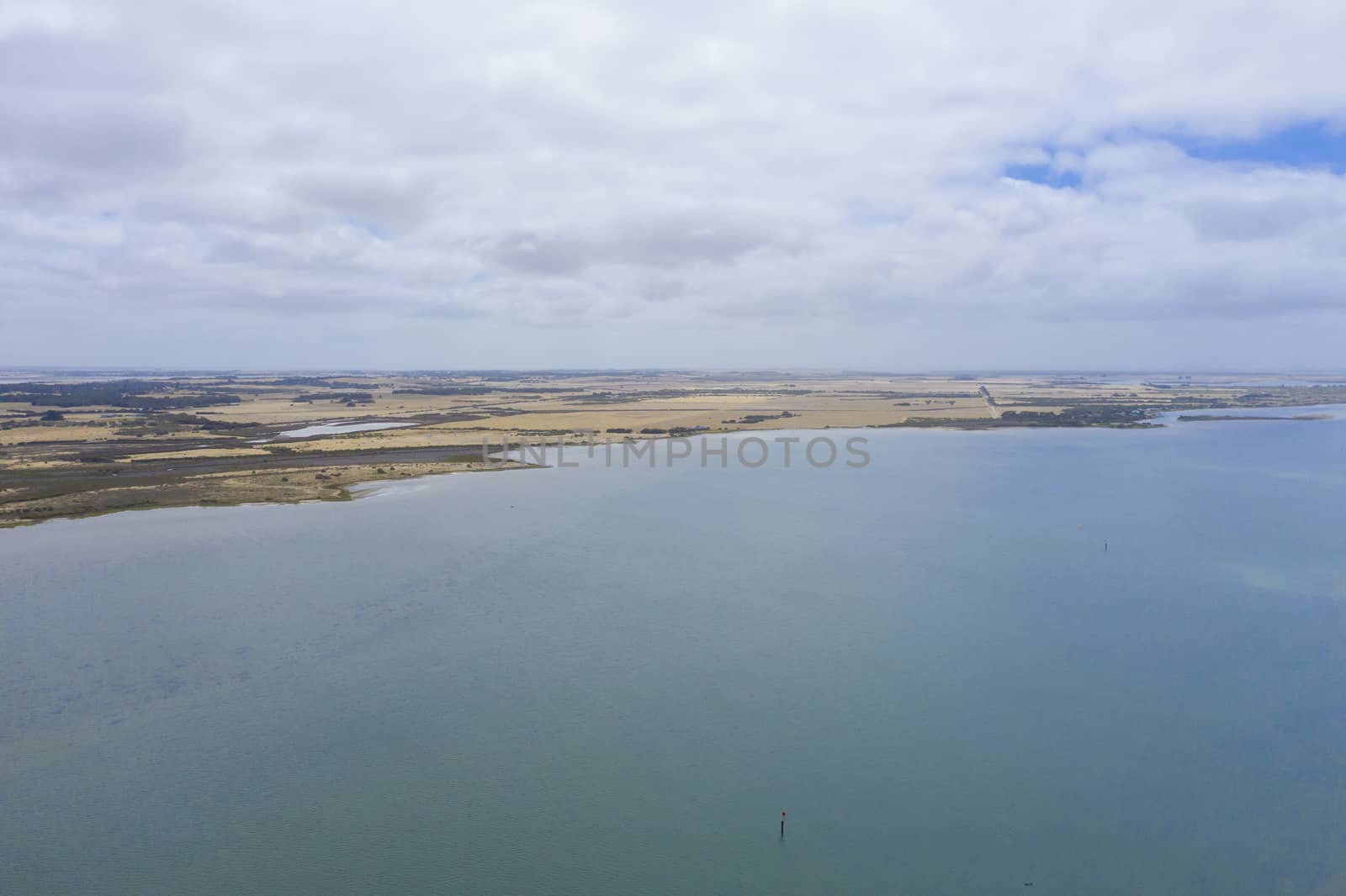 Aerial view of the estuary at Goolwa in regional South Australia in Australia by WittkePhotos