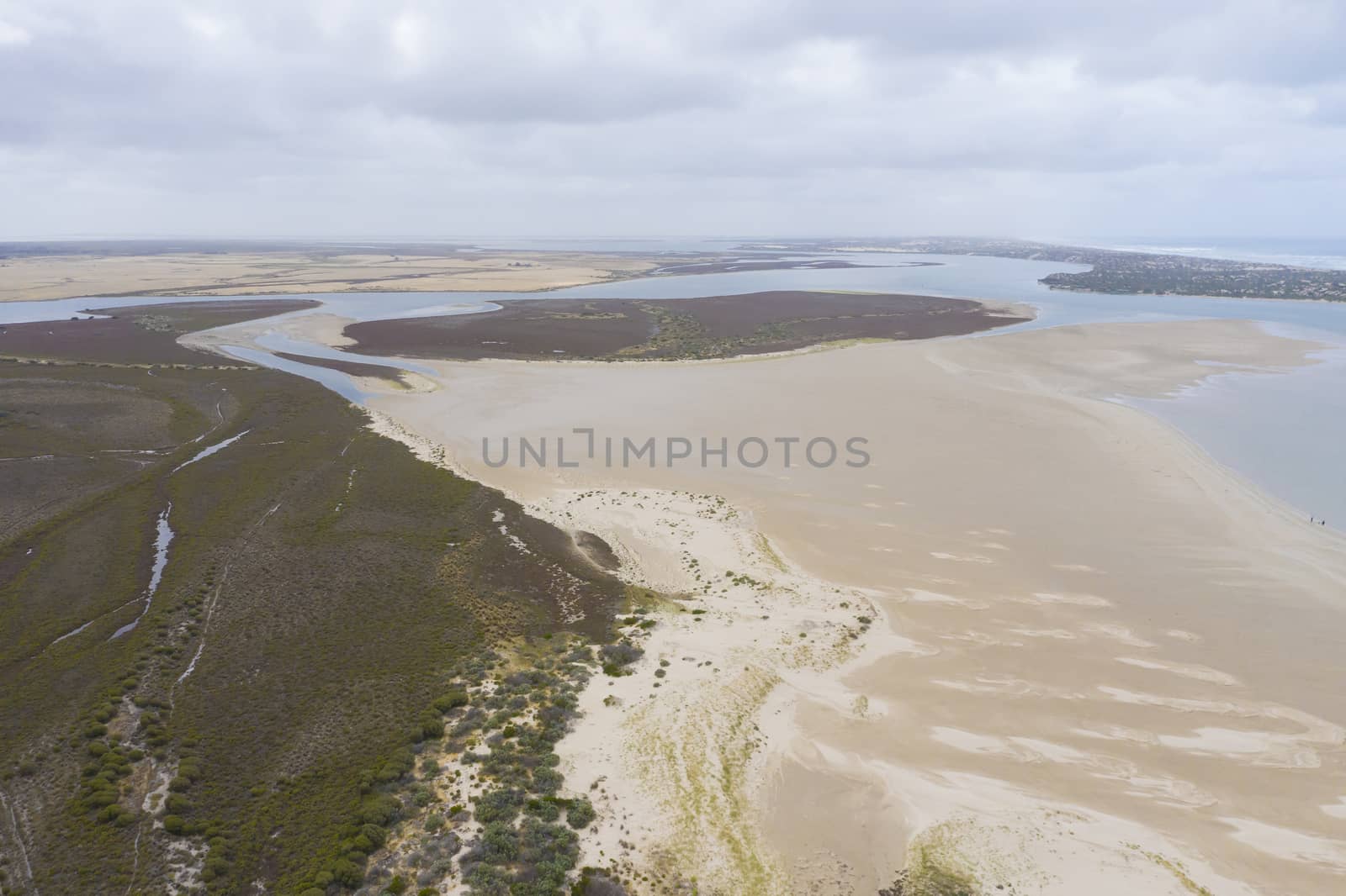 Aerial view of sand dunes at the mouth of the River Murray in regional South Australia in Australia