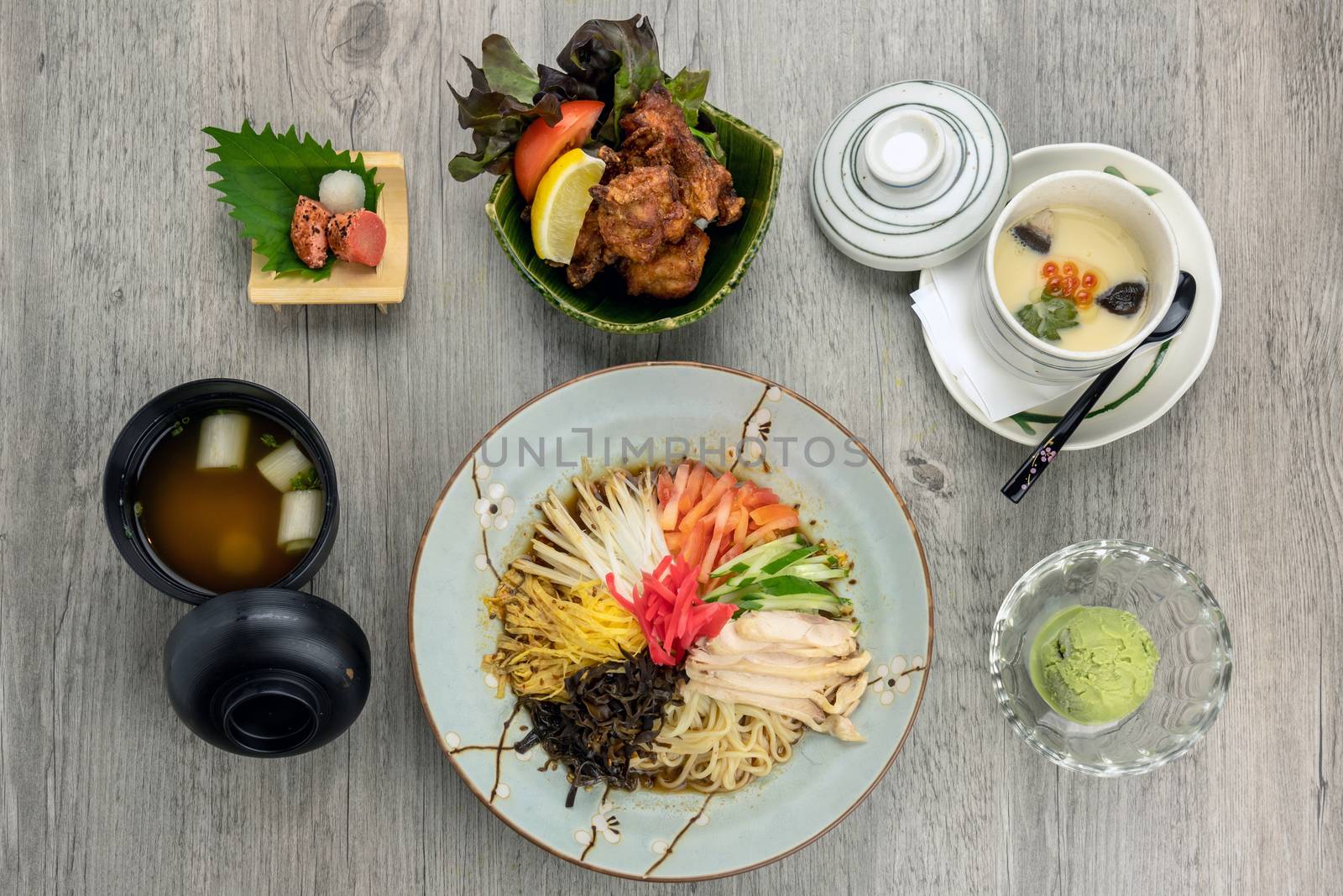 Top view of japanese foods set, ramen with fried chicken karaage by Tzido