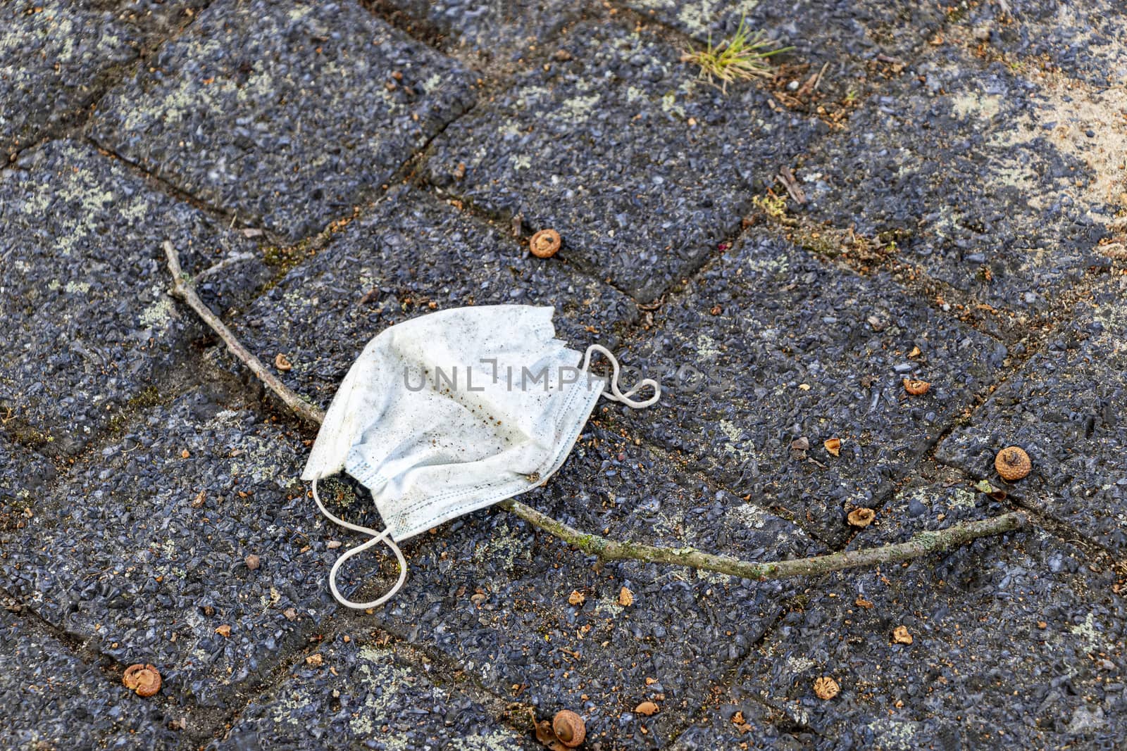 Surgical white masks on the ground. Corona virus pollution. Leherheide, Bremerhaven.