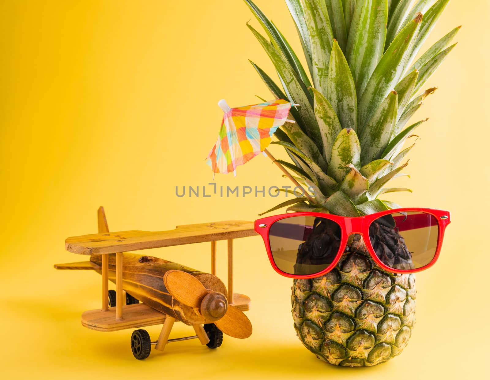 pineapple in sunglasses stands with a model plane by Sorapop