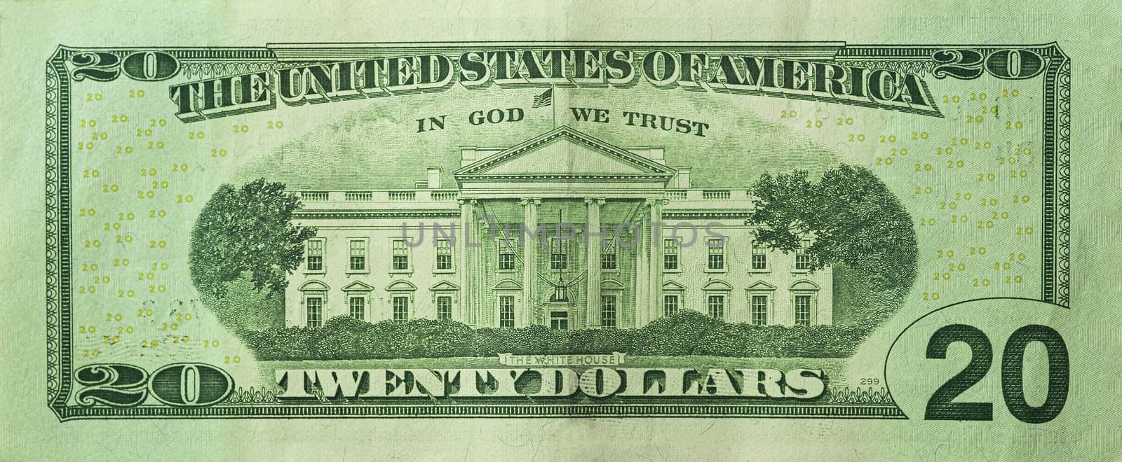 Isolated image of Twenty dollar bill in rear side