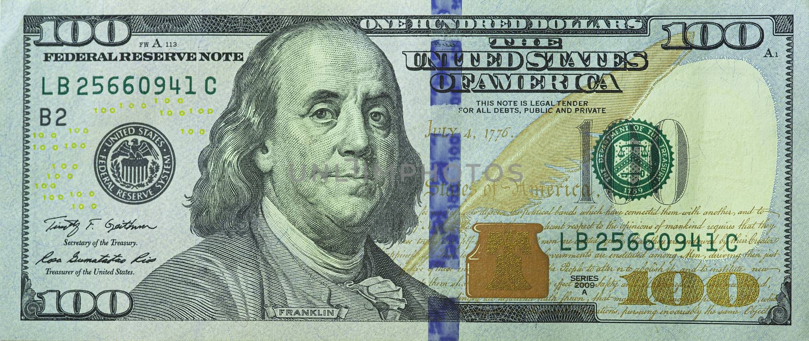 Isolated image of One hundred dollar bill new model, front side