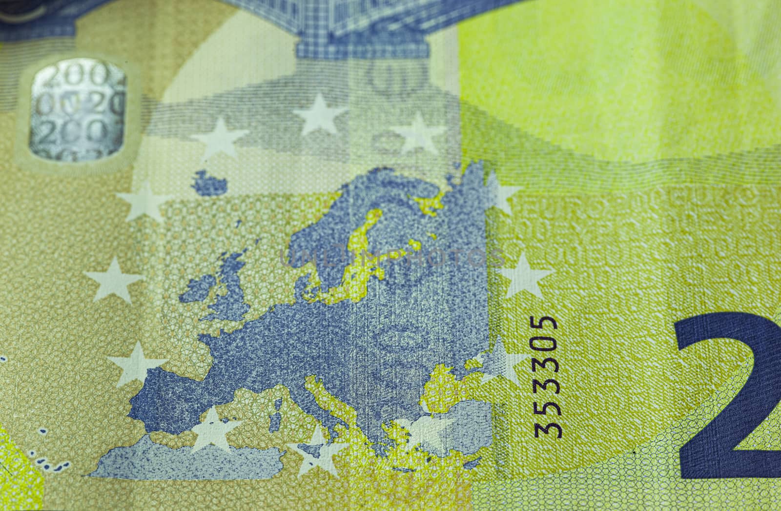 Europe map impressed on rear side of two hundred euro bill