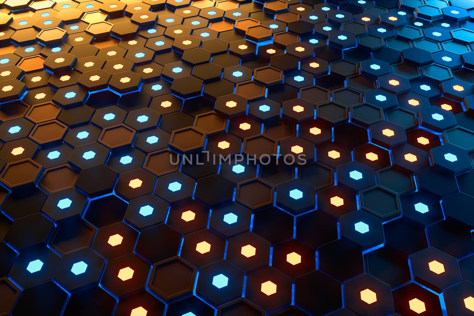 Glowing hexagonal cubes background, hi-tech cyberspace, 3d rendering. Computer digital drawing.