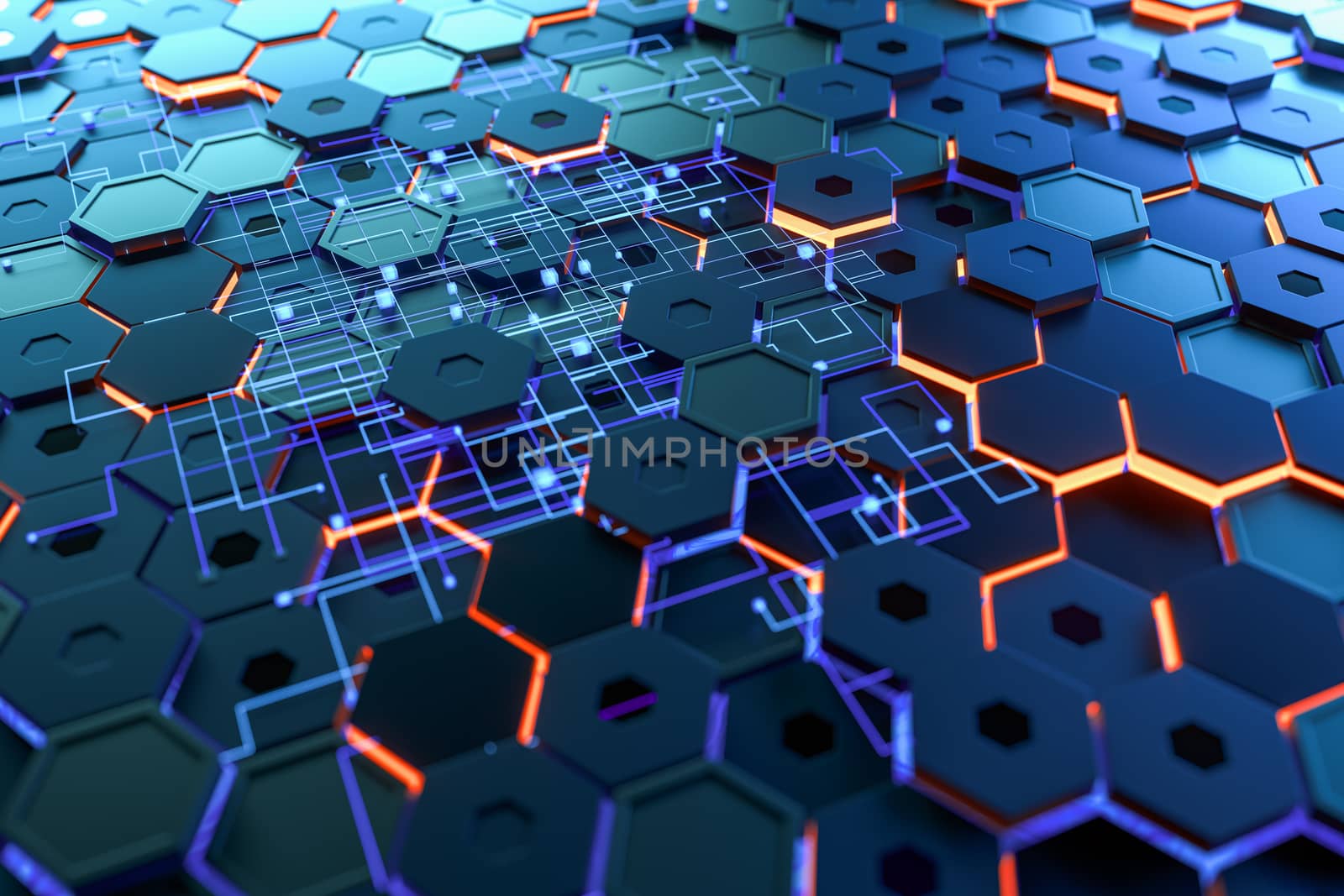 Glowing hexagonal cubes background, hi-tech cyberspace, 3d rendering. Computer digital drawing.