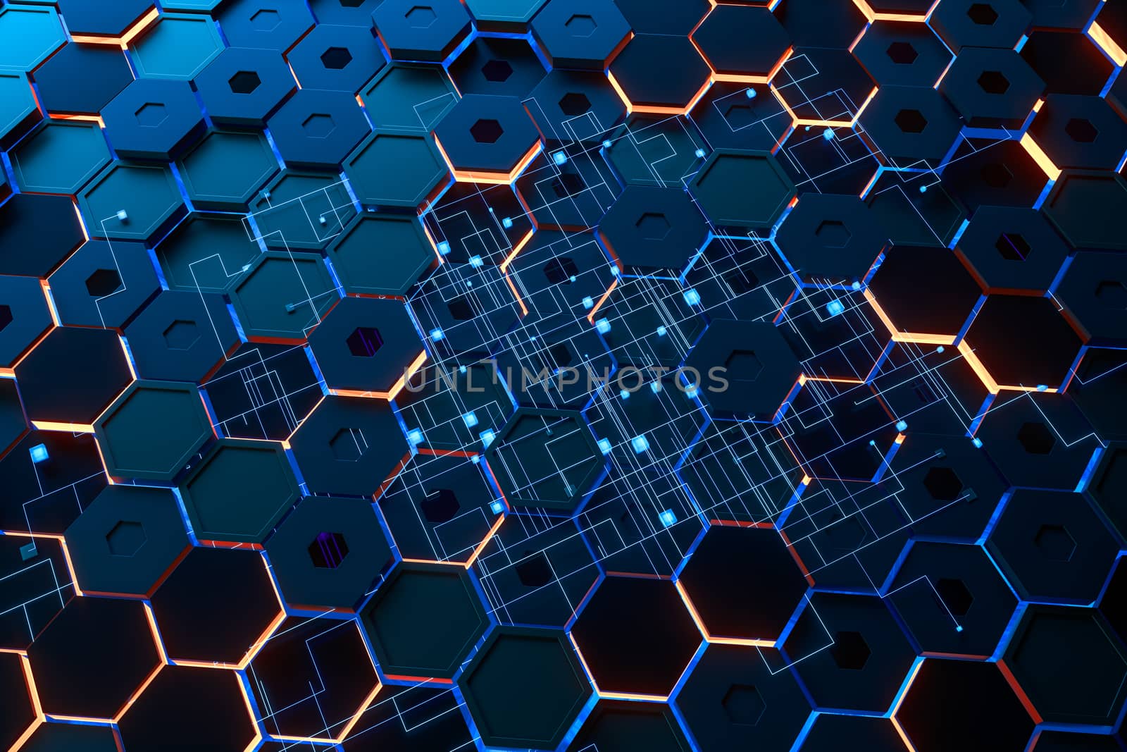 Glowing hexagonal cubes background, hi-tech cyberspace, 3d rendering. by vinkfan