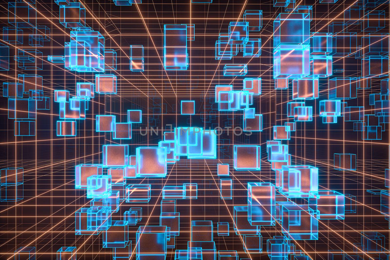 Cyberspace tunnel with geometry cube, 3d rendering. by vinkfan