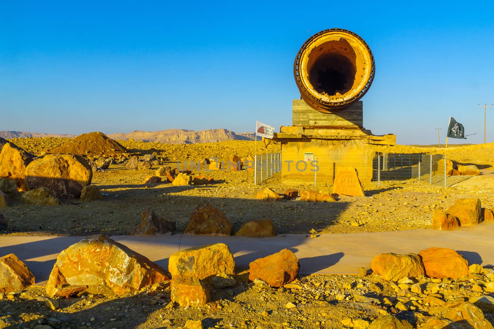 Mitzpe Ramon, Israel - August 11, 2020: View of an old quarry, turned into a national park display, in Makhtesh (crater) Ramon, the Negev Desert, southern Israel