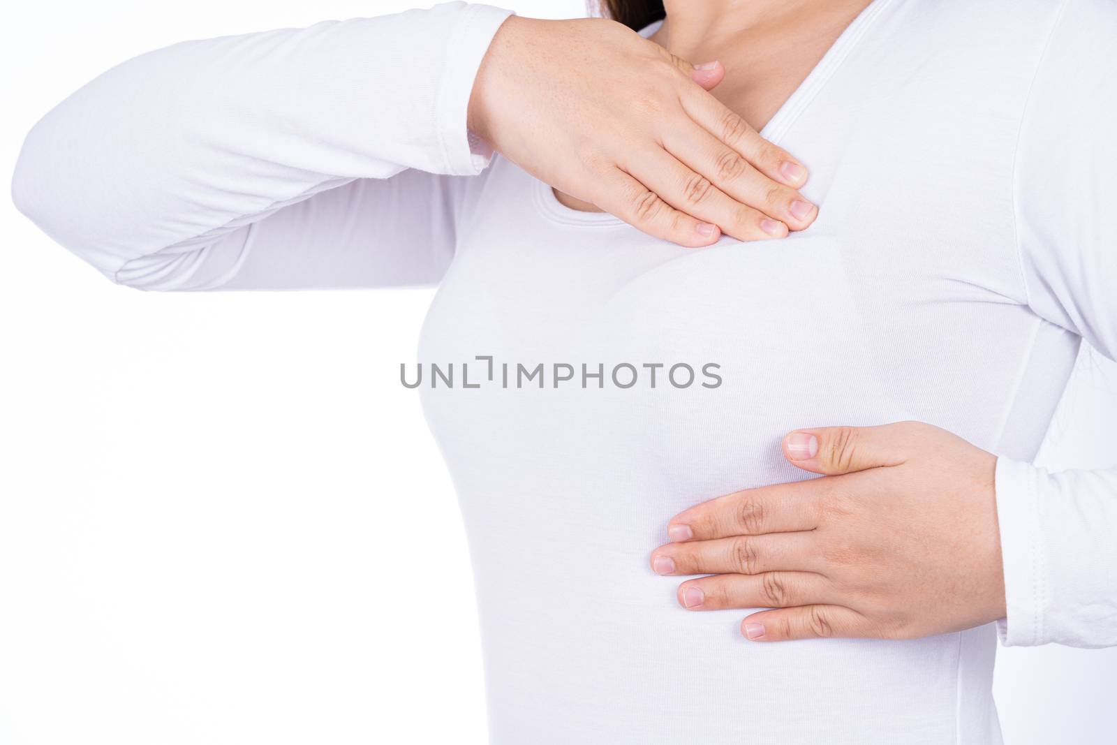 Woman hands doing breast self exam for checking lumps and signs of breast cancer isolated over white background. Medical, healthcare for advertising concept.