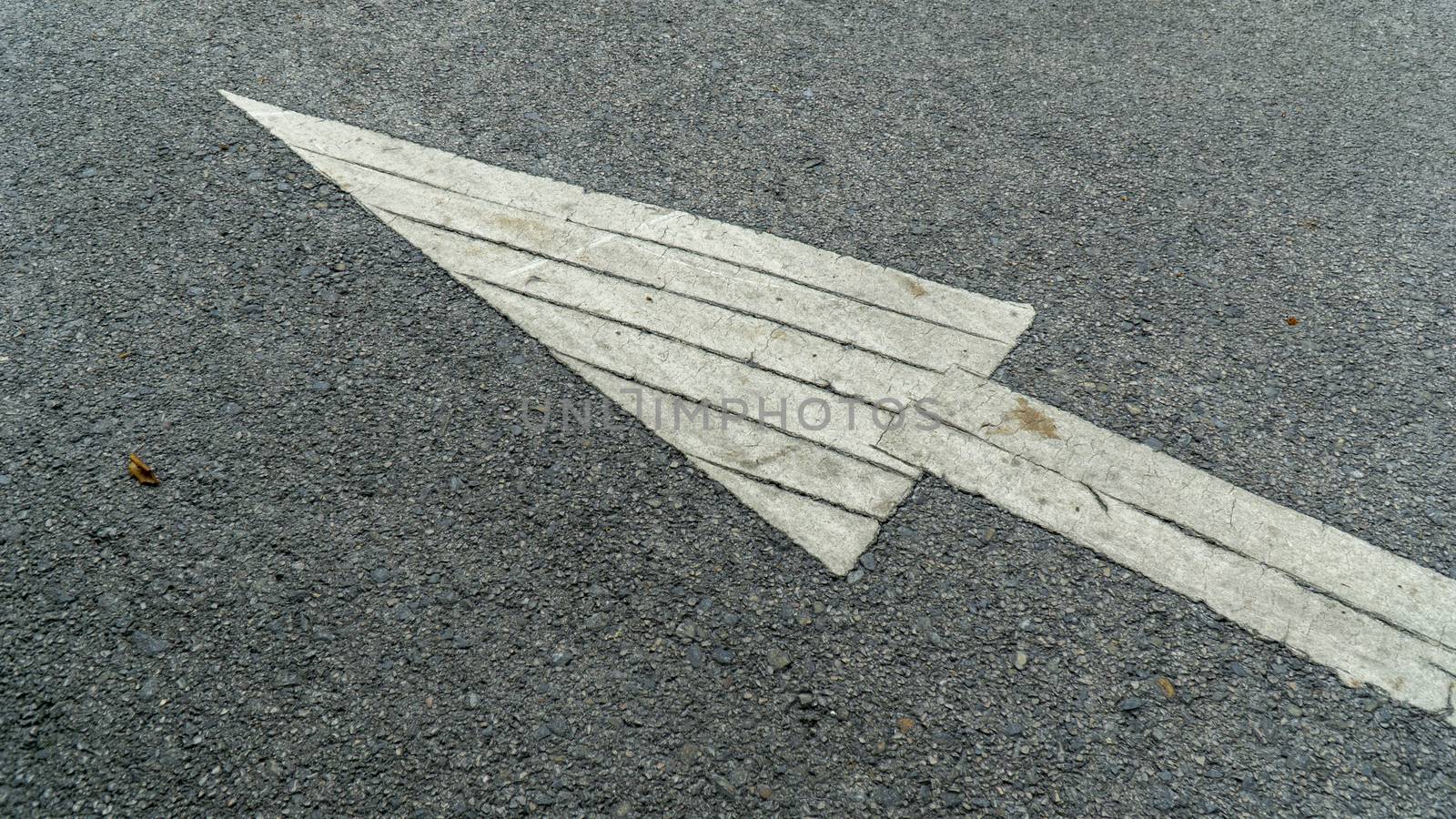 A white arrow painted sign on a gray paved road pointing the direction the car was supposed to drive.
