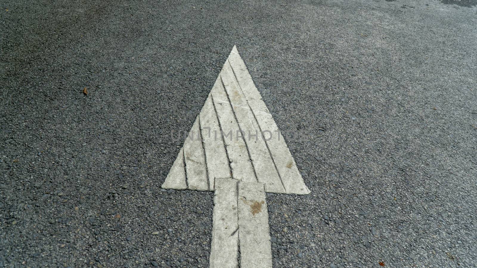 A white arrow painted sign on a gray paved road pointing the direction the car was supposed to drive.