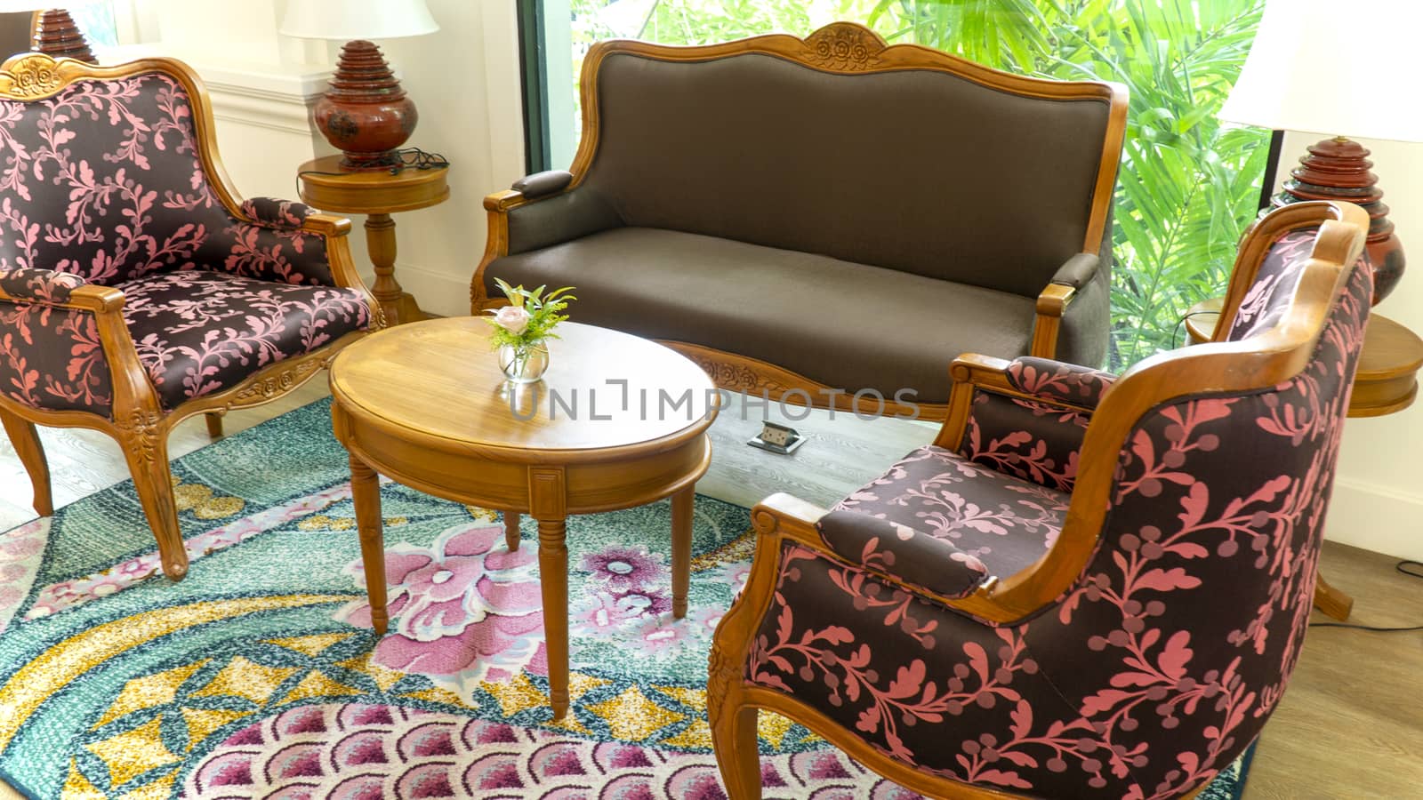 Classic antique Thai Style sofa settings. Antique style hotel lobby sofa.