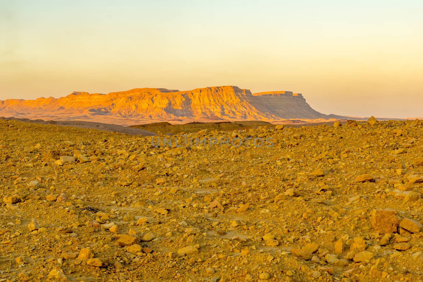 Sunset view towards Mount Ardon, in Makhtesh (crater) Ramon, the Negev Desert, Southern Israel