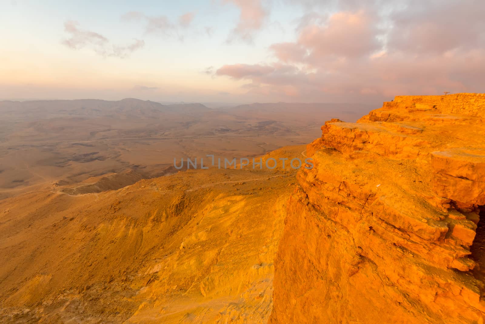 Sunrise view of cliffs and landscape in Makhtesh (crater) Ramon, the Negev Desert, Southern Israel