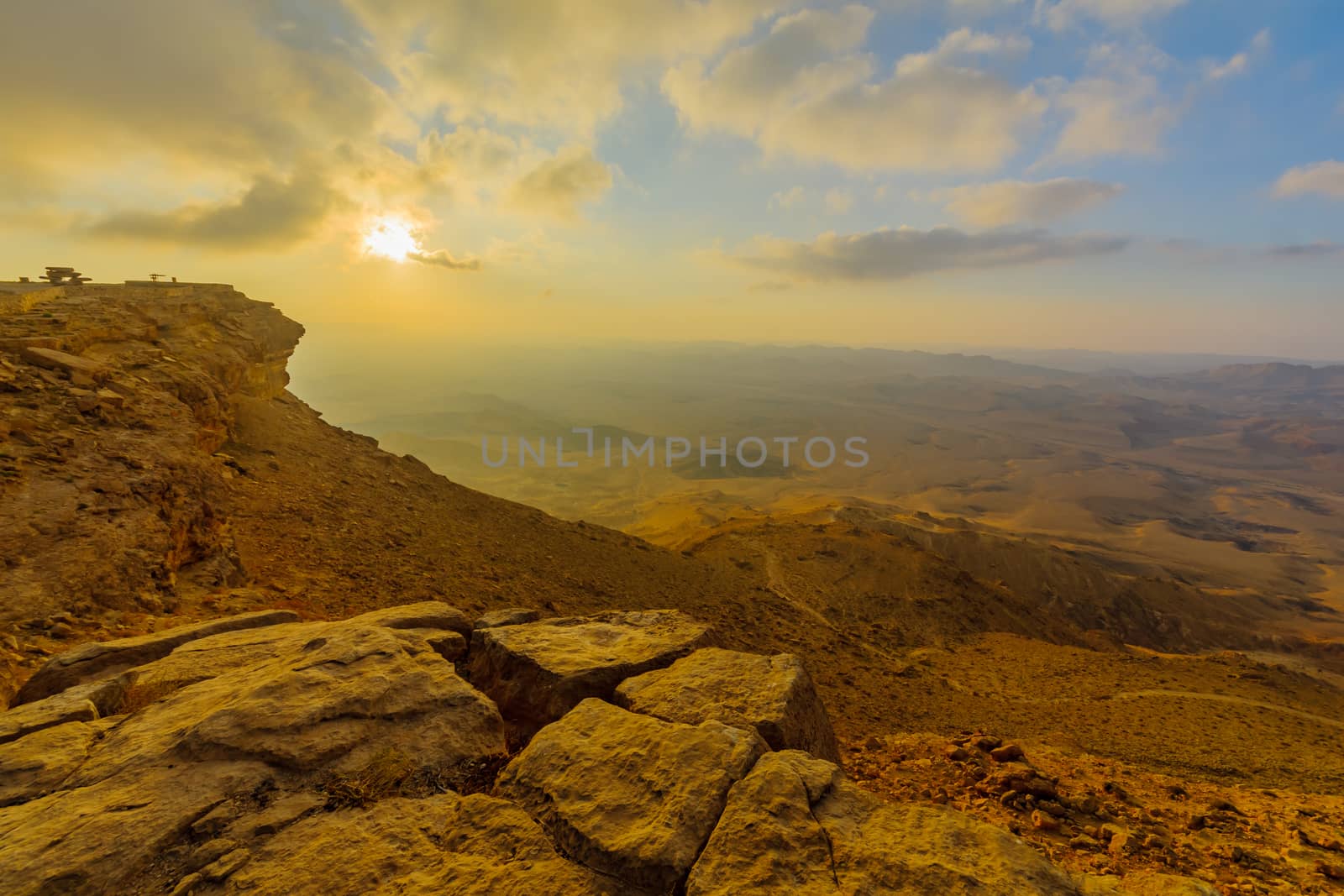Sunrise view of cliffs and landscape in Makhtesh (crater) Ramon, the Negev Desert, Southern Israel
