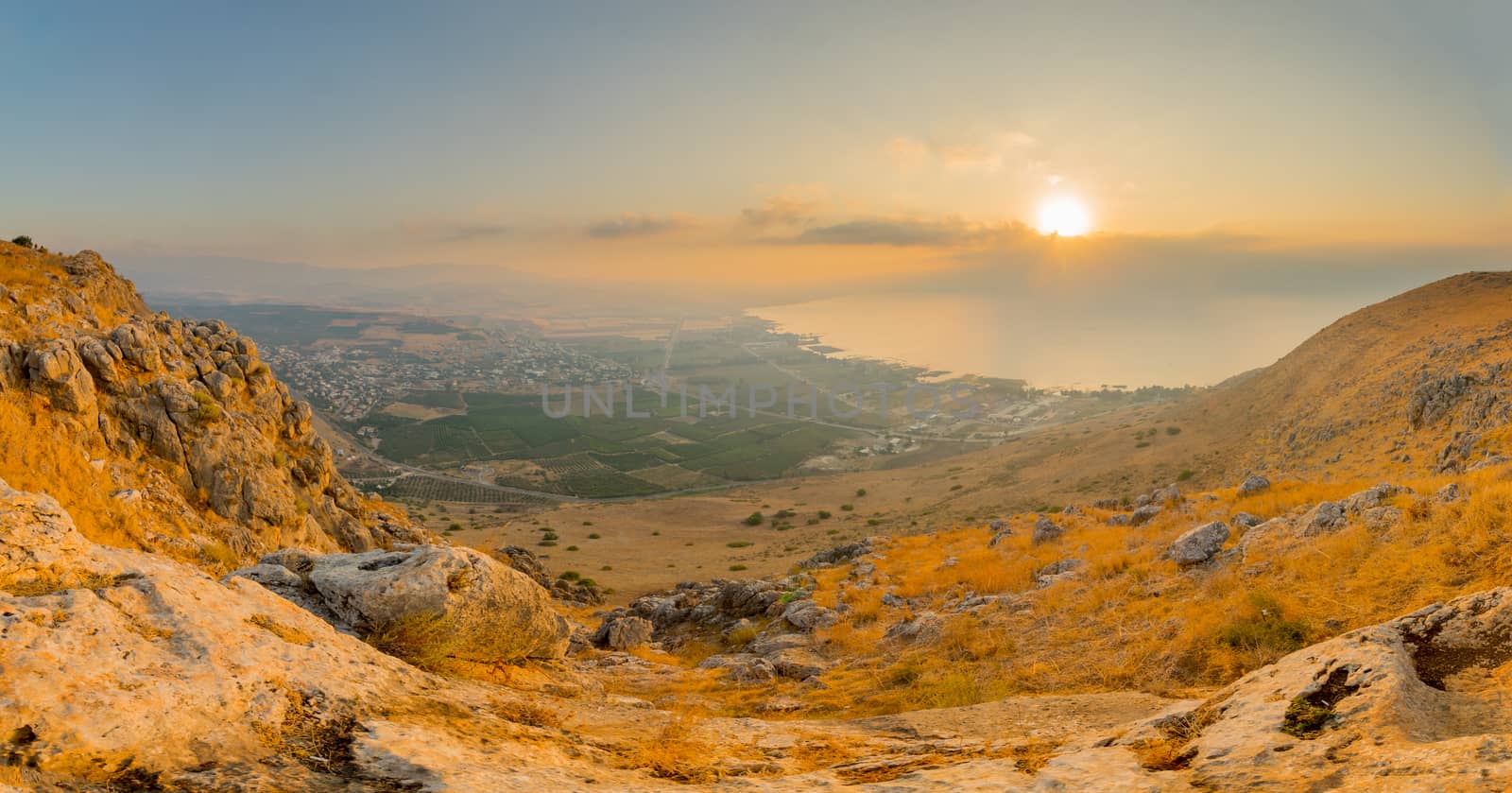 Panoramic sunrise view of the Sea of Galilee from Arbel by RnDmS