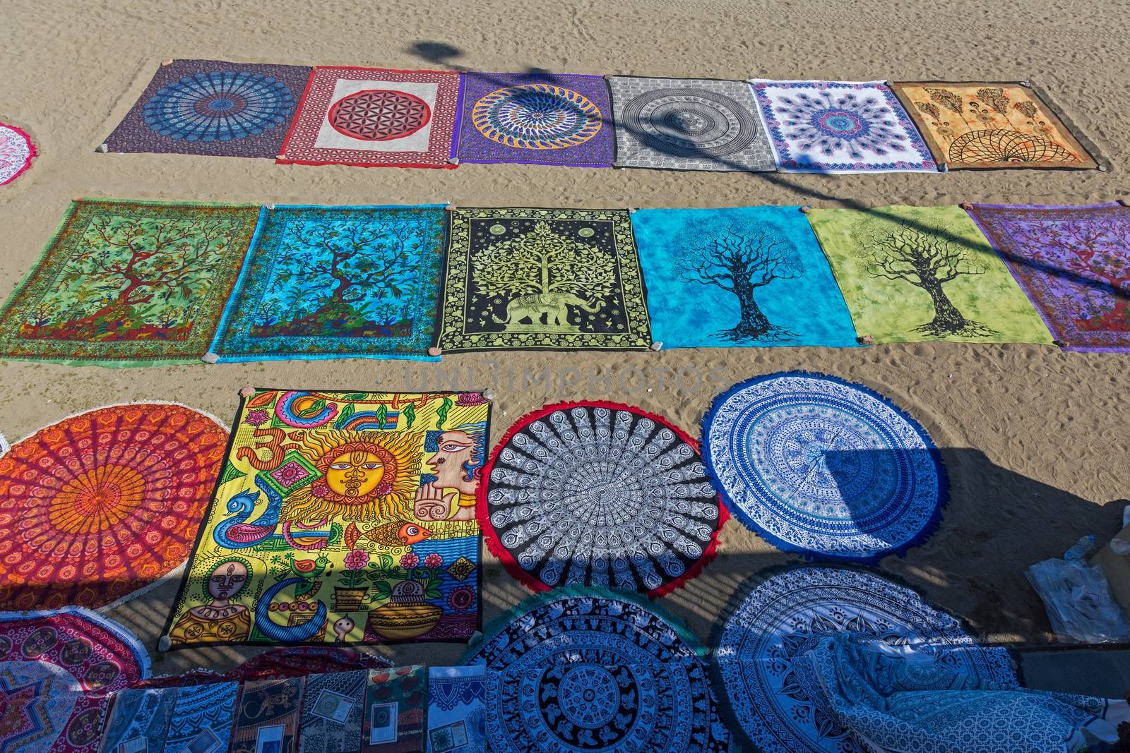Textiles for sale on the beach in Barcelona of Spain