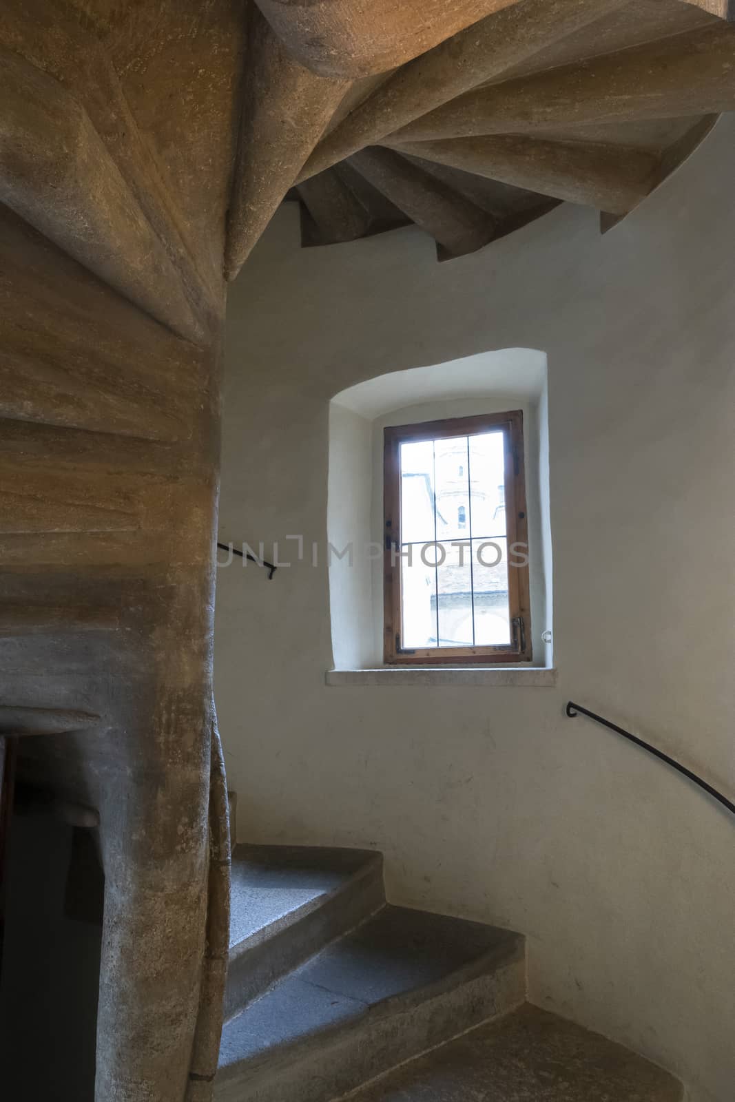 Graz, Austria. August 2020.  detail of the double helical spiral staircase built in 1499 located in the inner courtyard of the palaces of the former imperial residence Grazer Burg