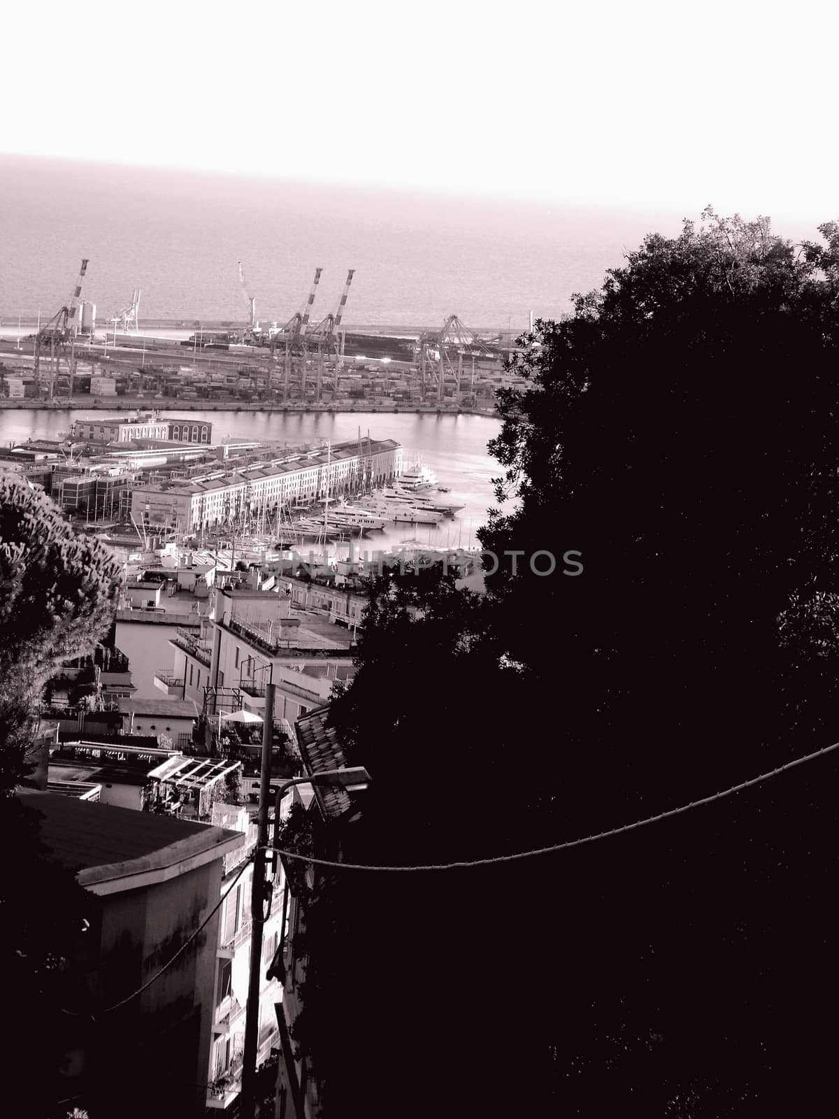 Genoa, Italy – August 5, 2020: Aerial view of shipping and container terminal, stacked containers and loading dock side cranes in the port of Genoa, Magazzini del cotone and Porto Antico, sea