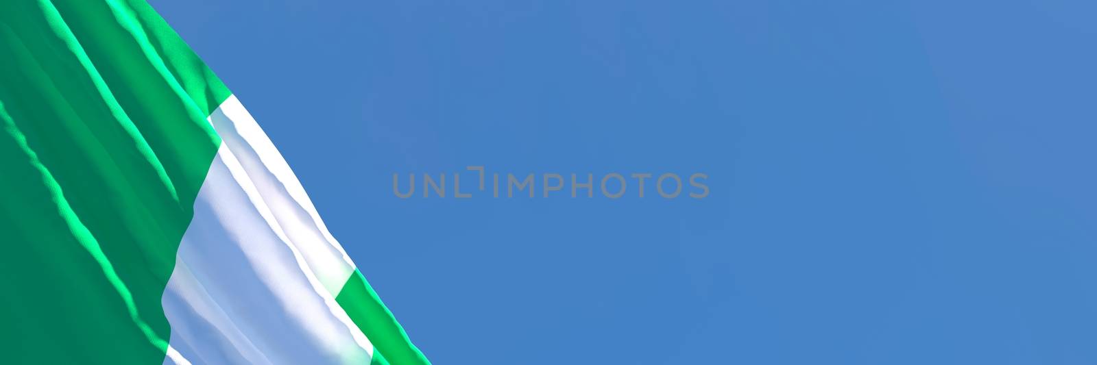 3D rendering of the national flag of Nigeria waving in the wind against a blue sky