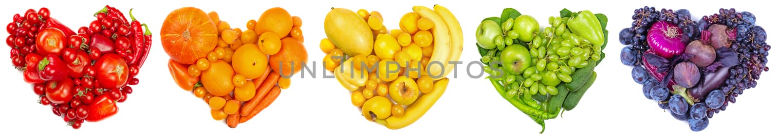 Rainbow color five colour heart of fruits and vegetables studio isolated on white background go vegetarian love healthy eating concept set collection conceptual design