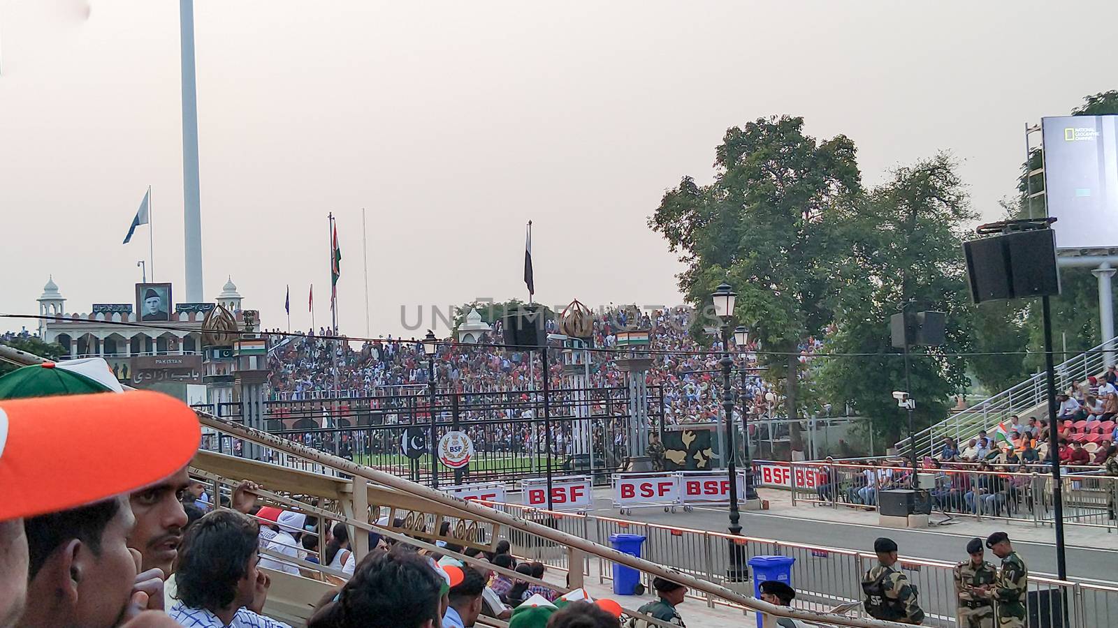 Wagah border ceremony between Pakistan and India in Wahga or Wagha Border in famous India Pakistan border. Amritsar Punjab, India 15 August 2019