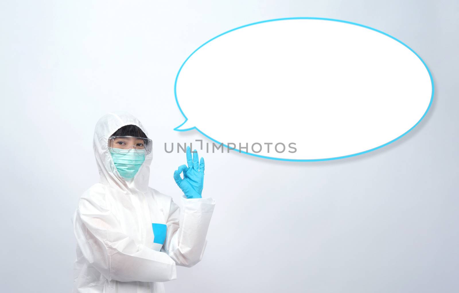 Woman doctor in PPE or personal protection equipment suit and medical mask and glove for protect corona virus or covid-19 and studio shot on white background and copy space