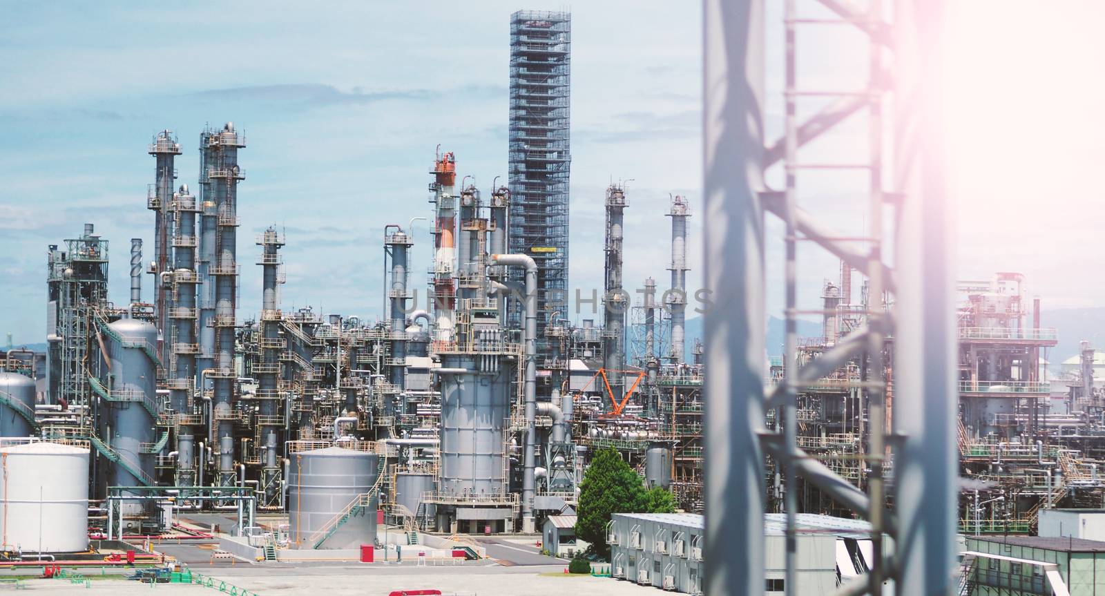 Blurry image of petroleum factory oil tank in Osaka district Kansai area of Japan for energy and chemical production.