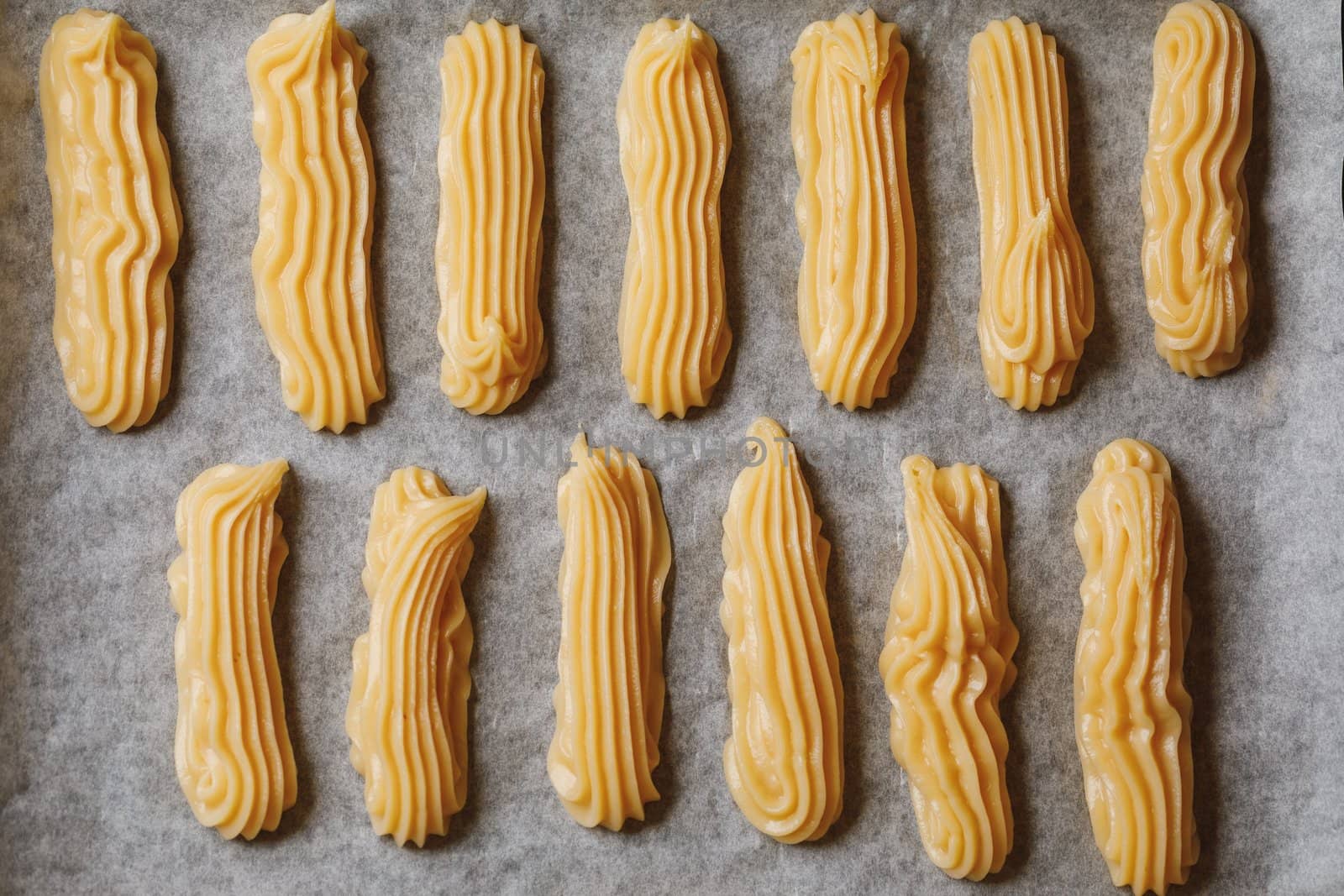 raw eclairs choux pastry on the baking tray by nikkytok