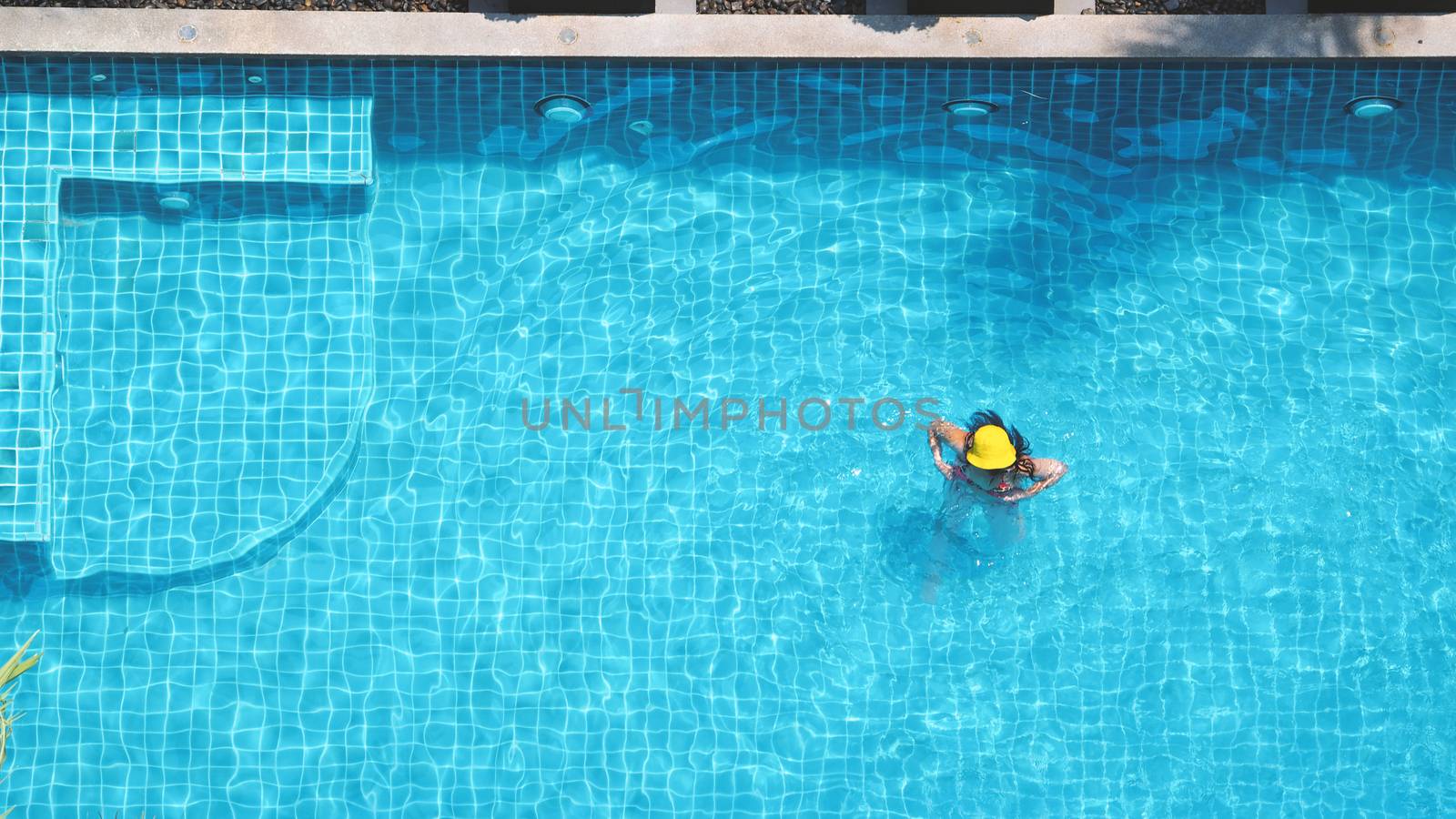 Swimming pool and bubble bath for relaxing in summer hot day and bird eye view angle