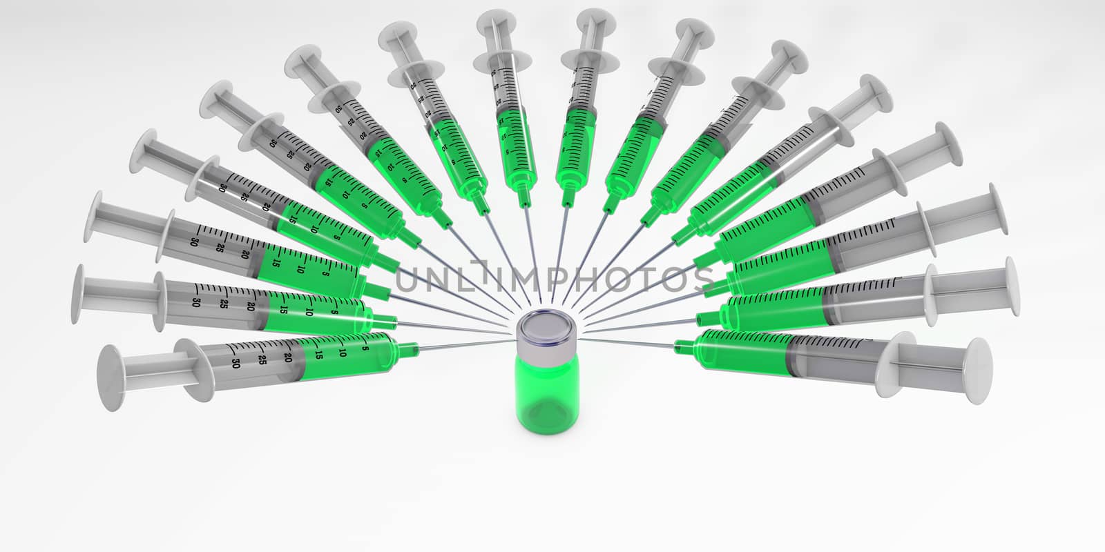 syringes arround a medicine bottle 3d rendering isolated on white