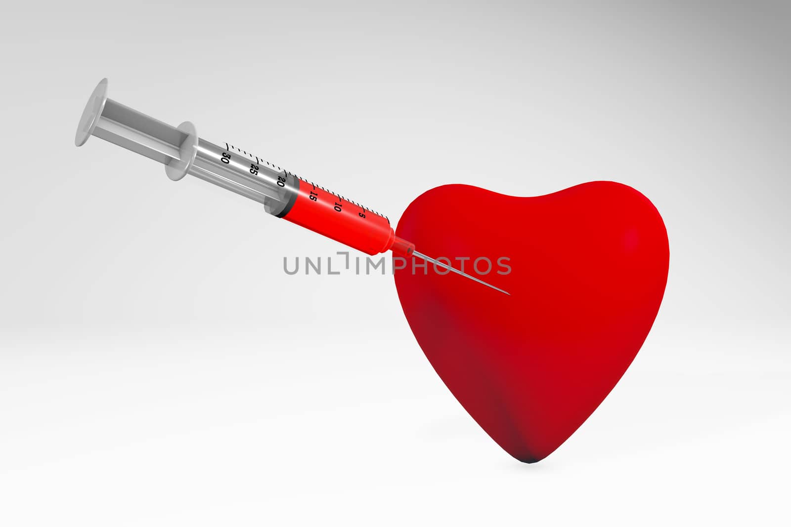injecting a heart with a syringe 3d rendering isolated on white