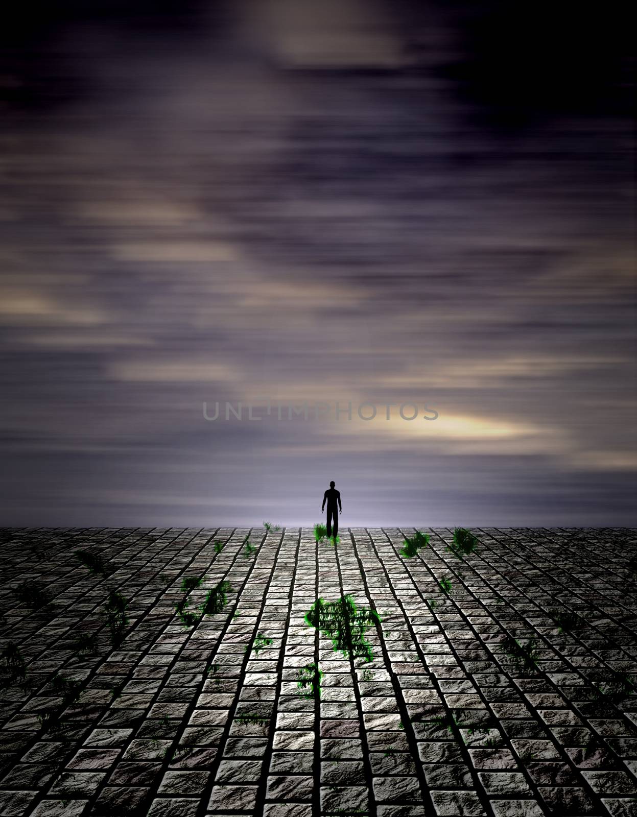 Lonely figure in unreal landscape. 3D rendering