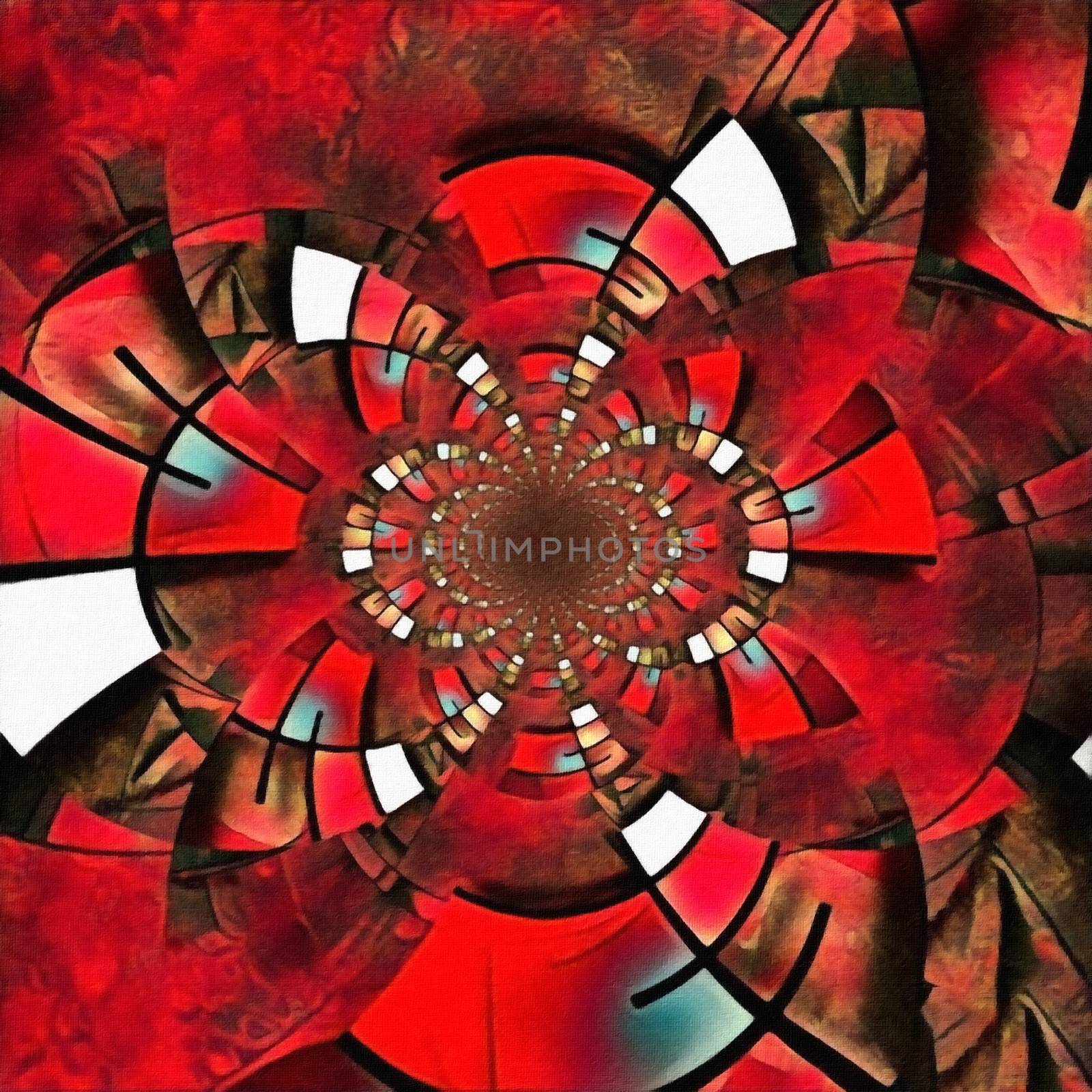 Abstract painting. Mirrored round fractal in Mondrian style. 3D rendering