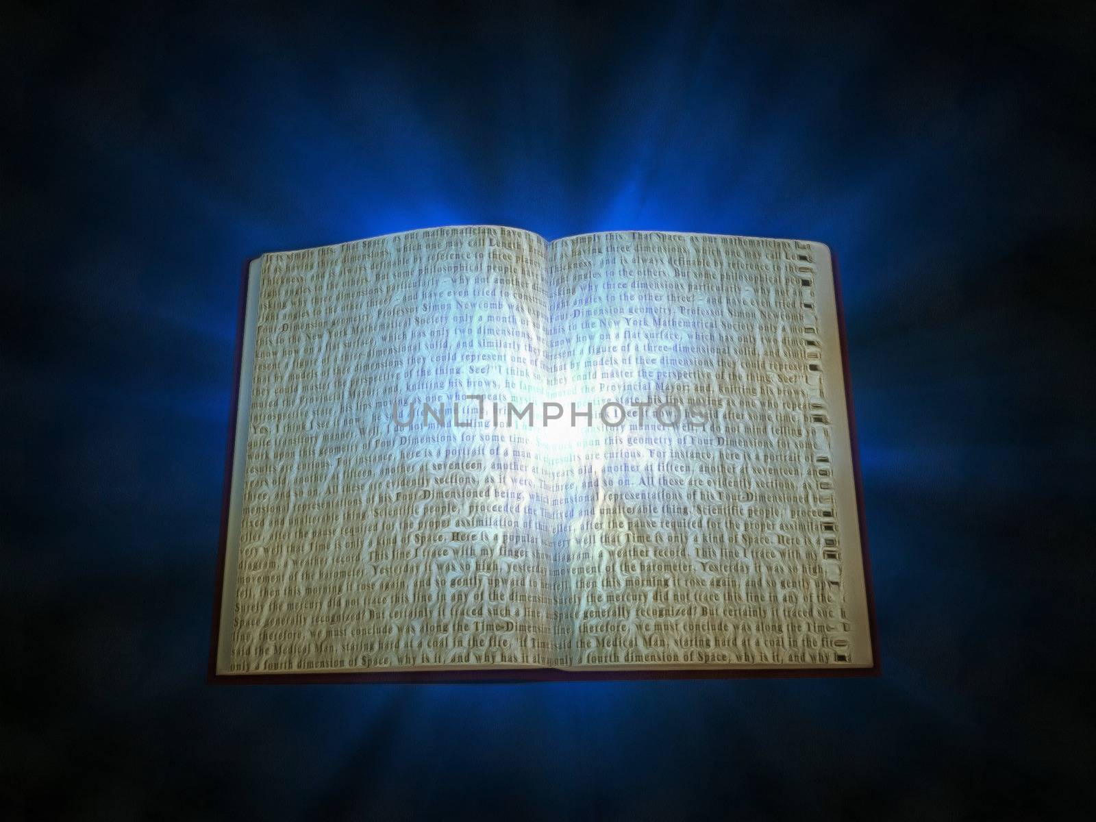 Open book with rays of light. 3D rendering