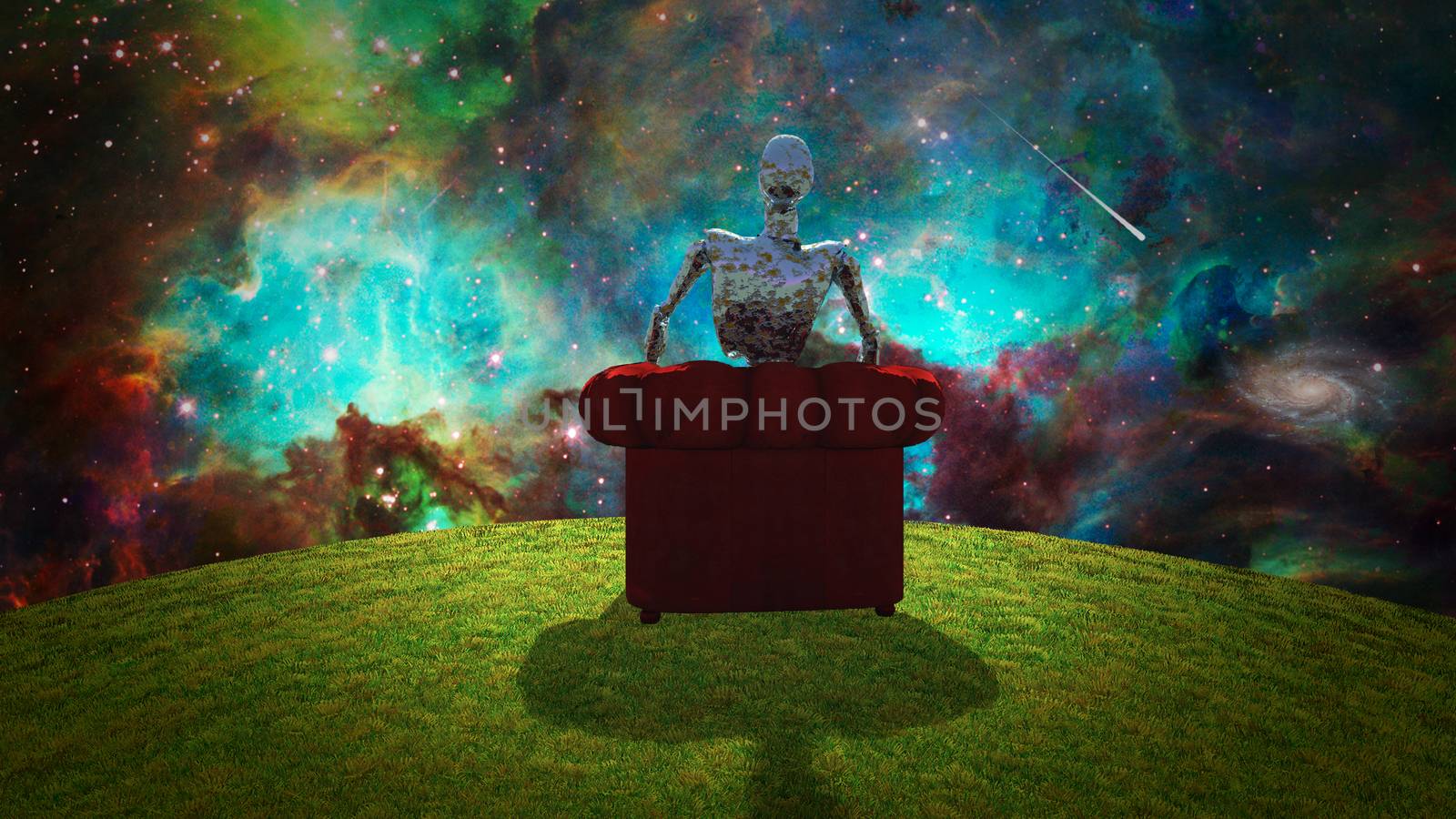 Surreal composition. Rusted alien sits in red armchair and observer vivid universe. 3D rendering