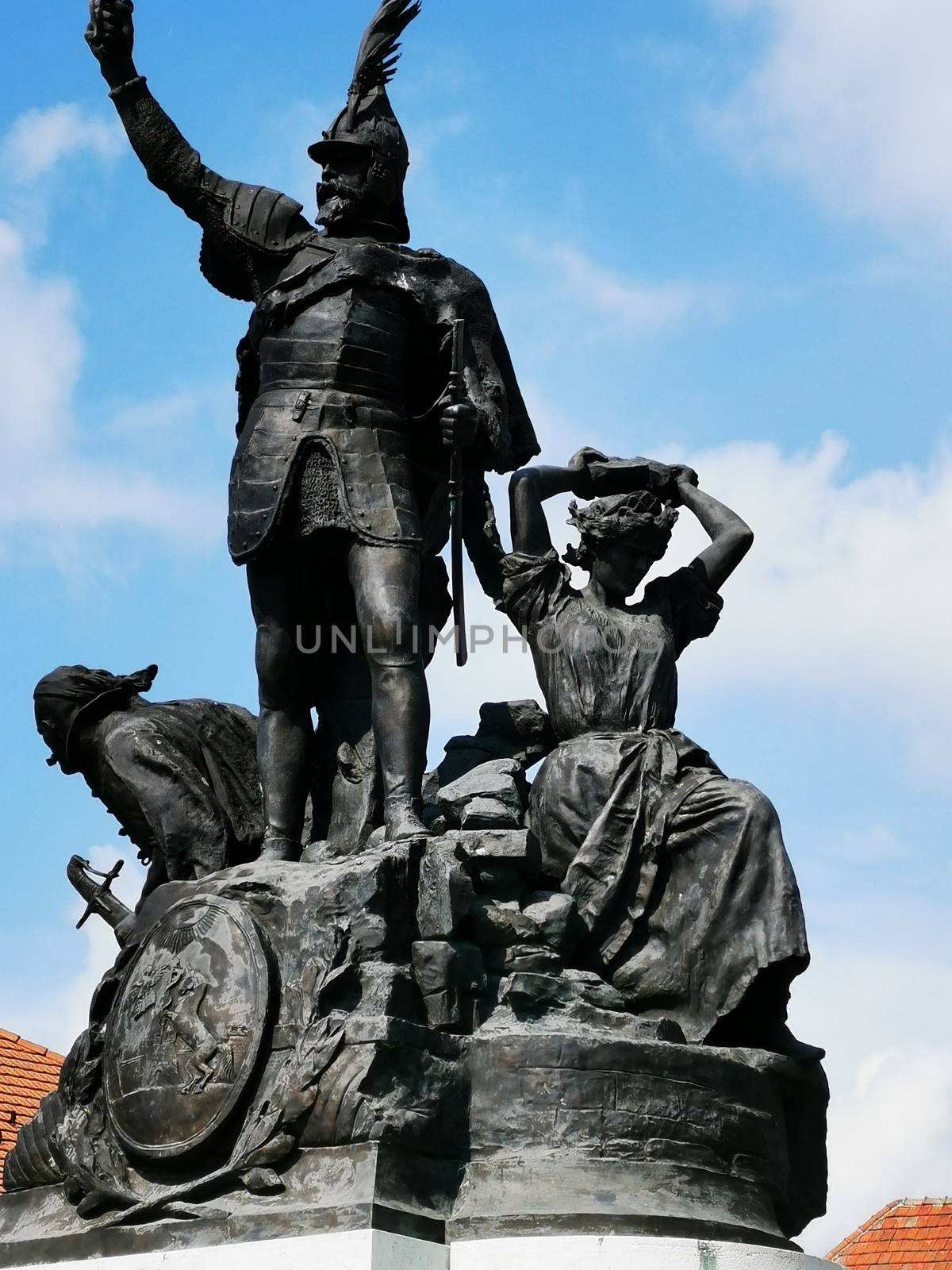 Istvan Dobo, the patron of Eger Castle, statue group in downtown Eger High quality photo