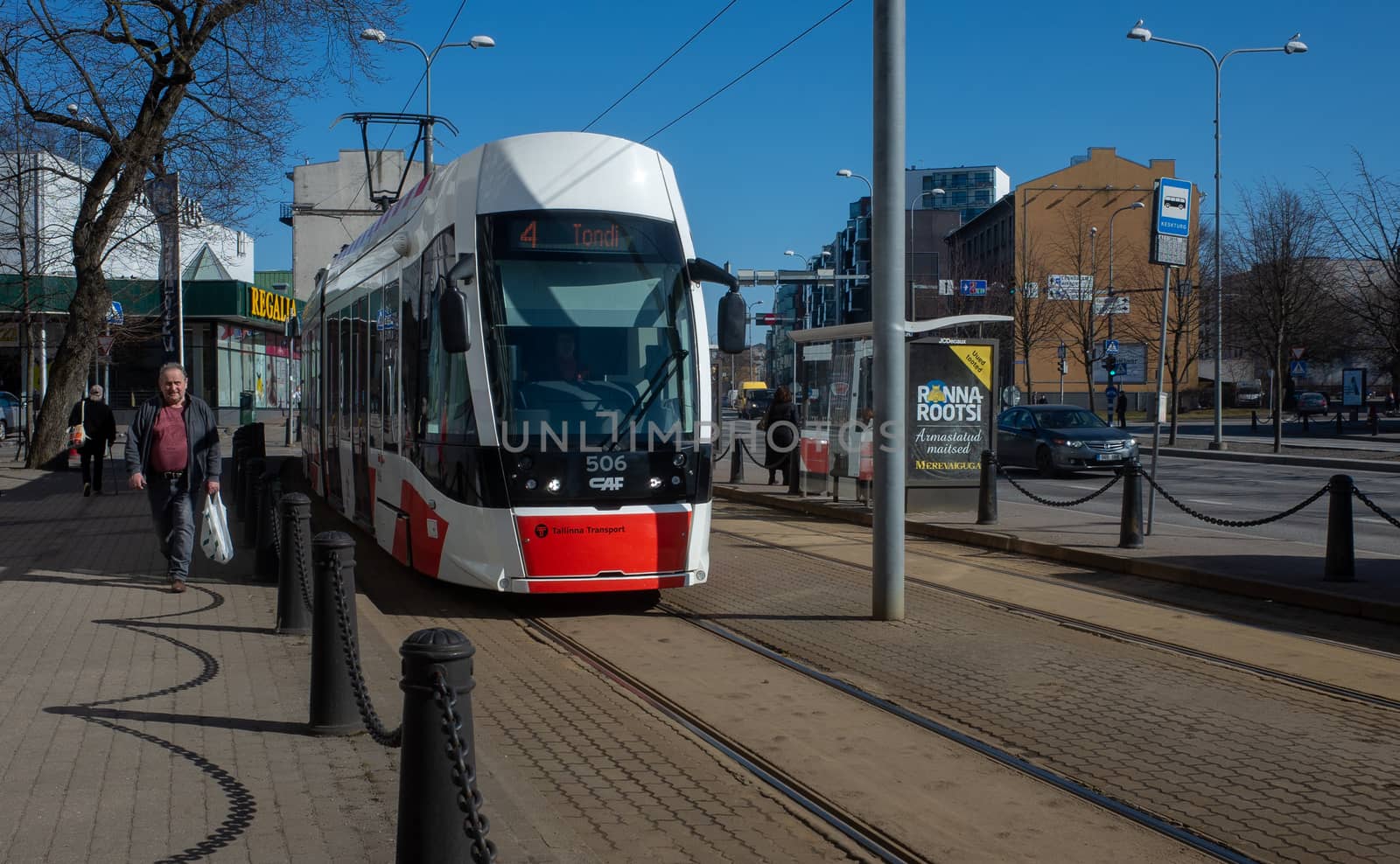 19 April 2019 Tallinn, Estonia. Low-floor tram on one of the streets of the city.