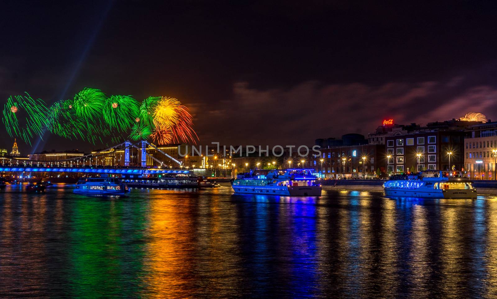 May 9, 2019 View of the festive fireworks over the Moscow River in honor of Victory Day in Moscow.