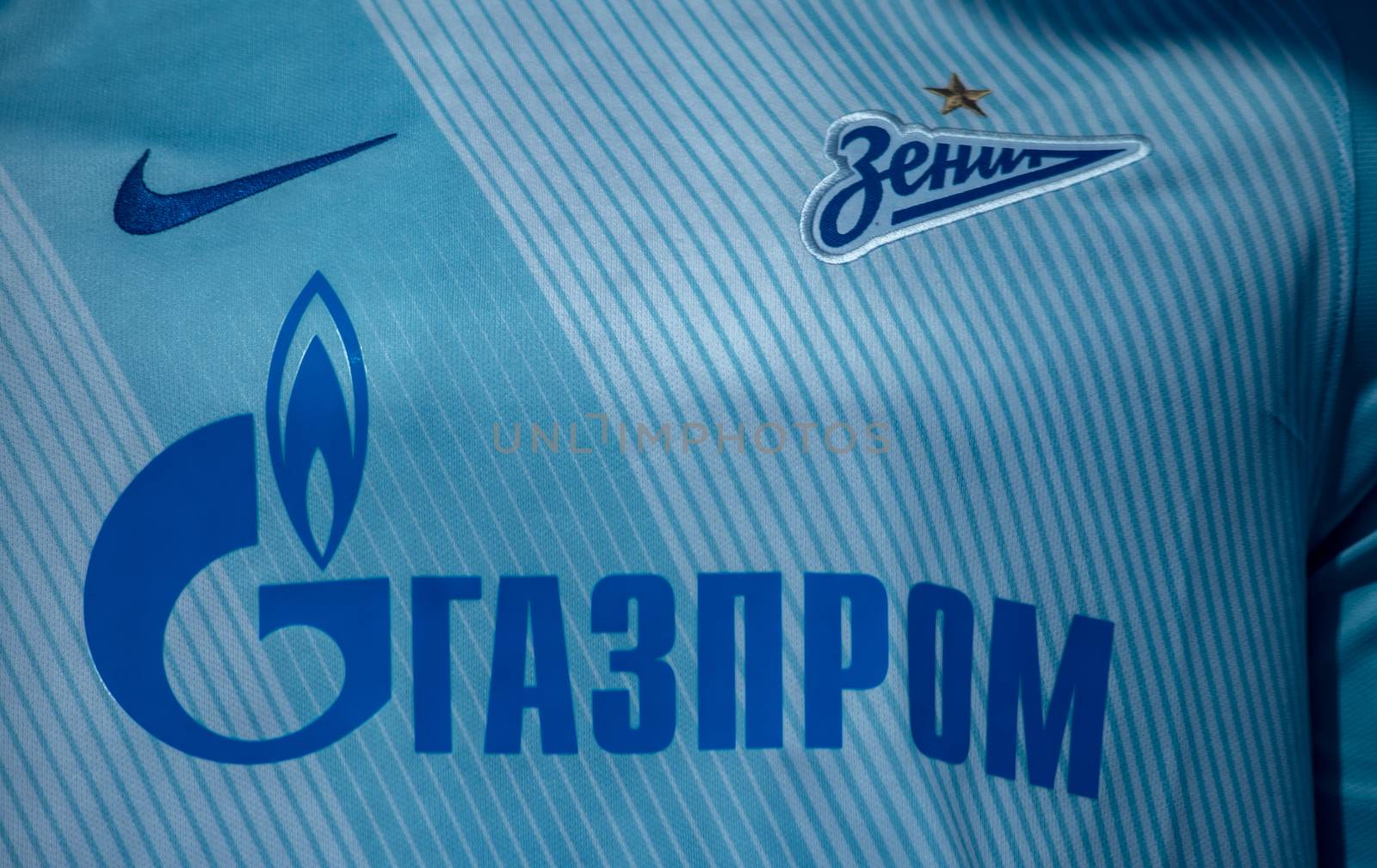 April 18, 2018. St. Petersburg, Russia. Form of football club Zenit in the window of the team store.
